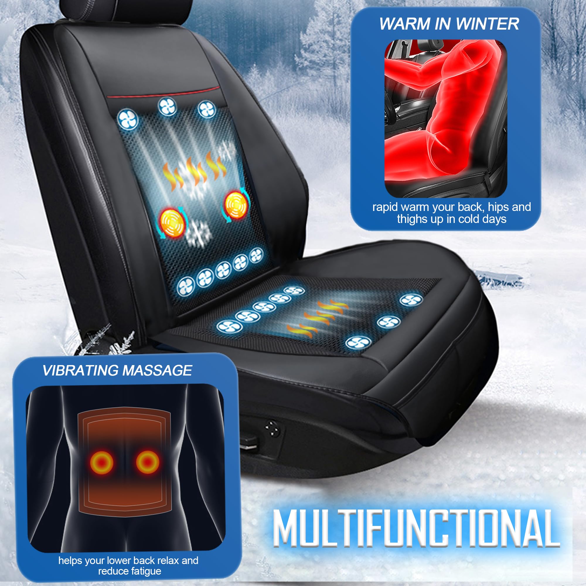 12V Cooling Car Seat Cushion - Ventilated Massager Pad for Car & SUV - Summer Comfort - Black