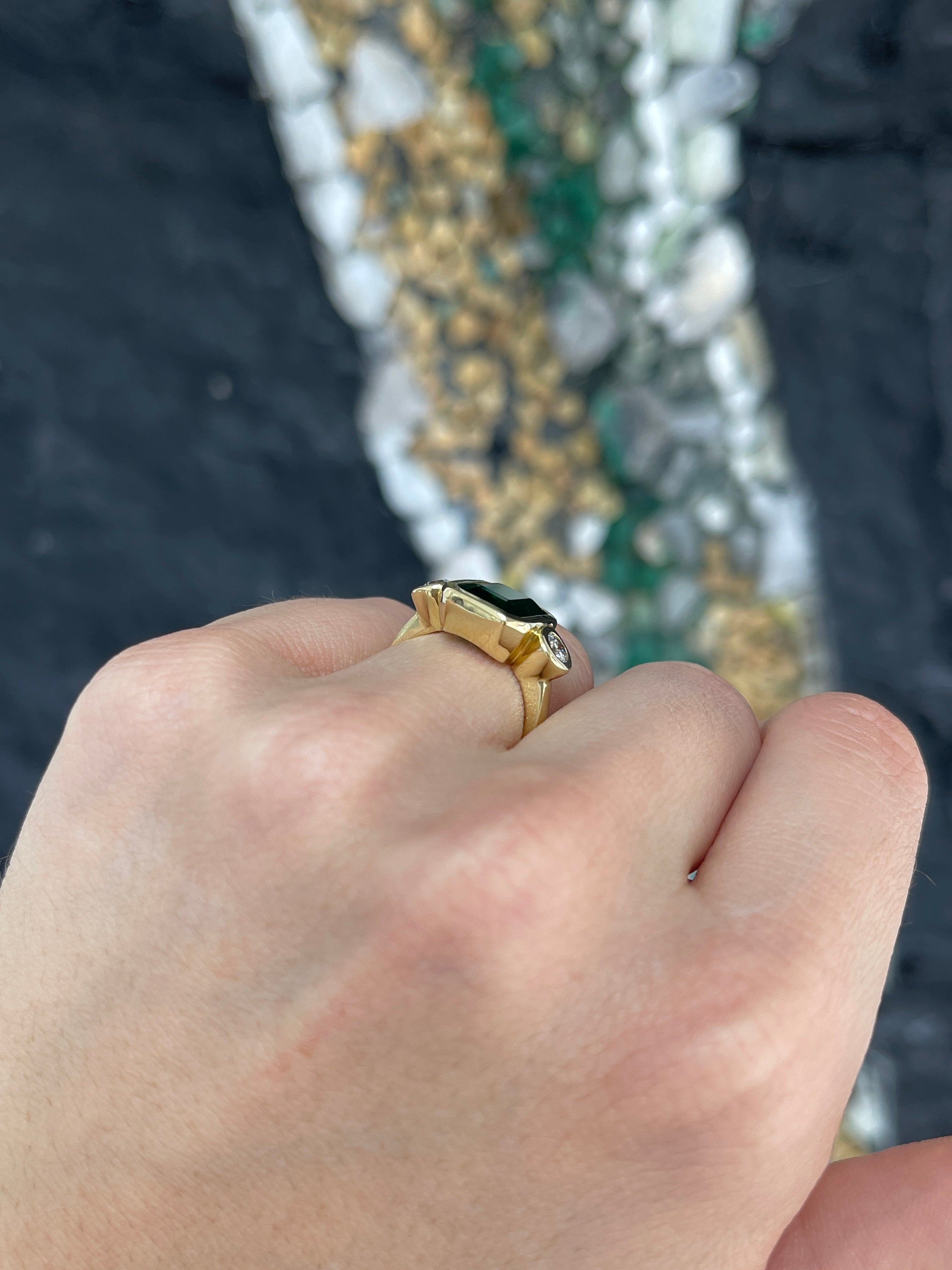 4.58tcw Natural Dark Emerald & Round Diamond Three Stone Ring in 18K Gold - Elegant Engagement, Anniversary or Gift Jewelry for Women