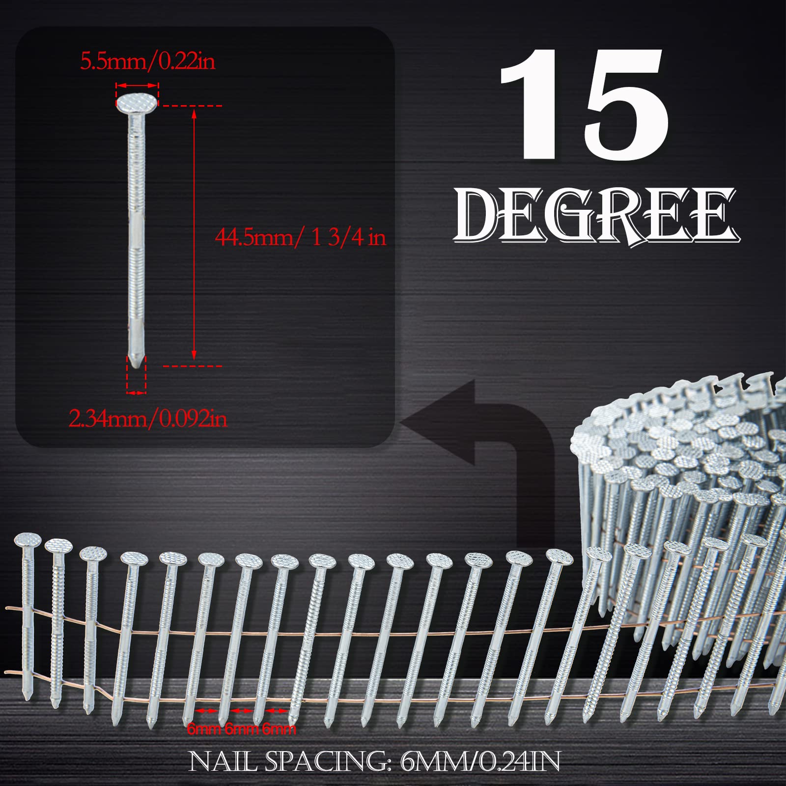 1-3/4 Inch 15 Degree Stainless Steel Coil Siding Nails - 1200 Count Ring Shank Galvanized Roofing Nails for Siding, Fencing & Exterior Trim Installation - Weather Resistant Construction Fasteners