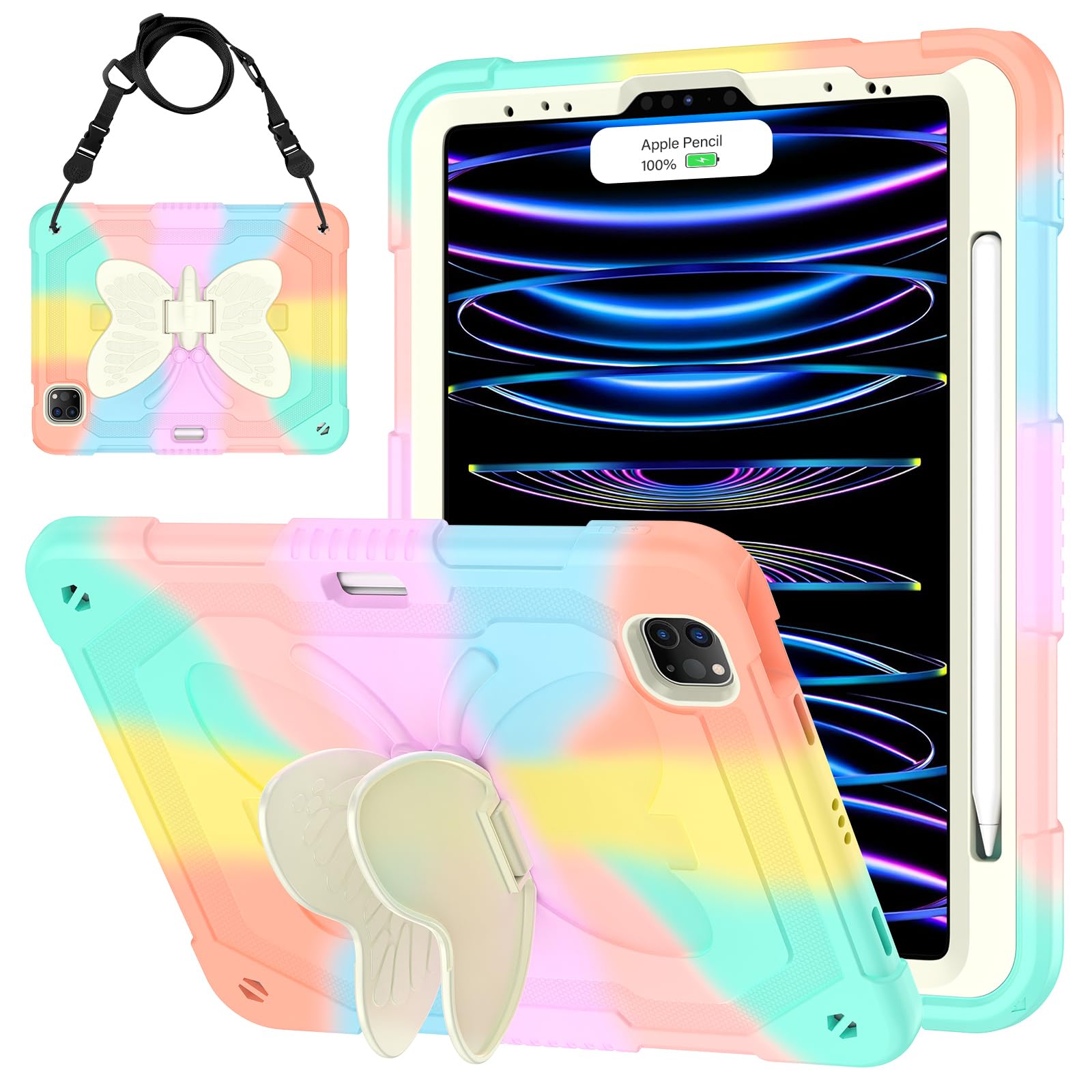 Colorful Kids iPad Pro 11 Case with Pencil Holder & Shoulder Strap - Compatible with iPad Pro 11 (1st/2nd/3rd/4th Gen) & iPad Air 5th/4th Gen 10.9