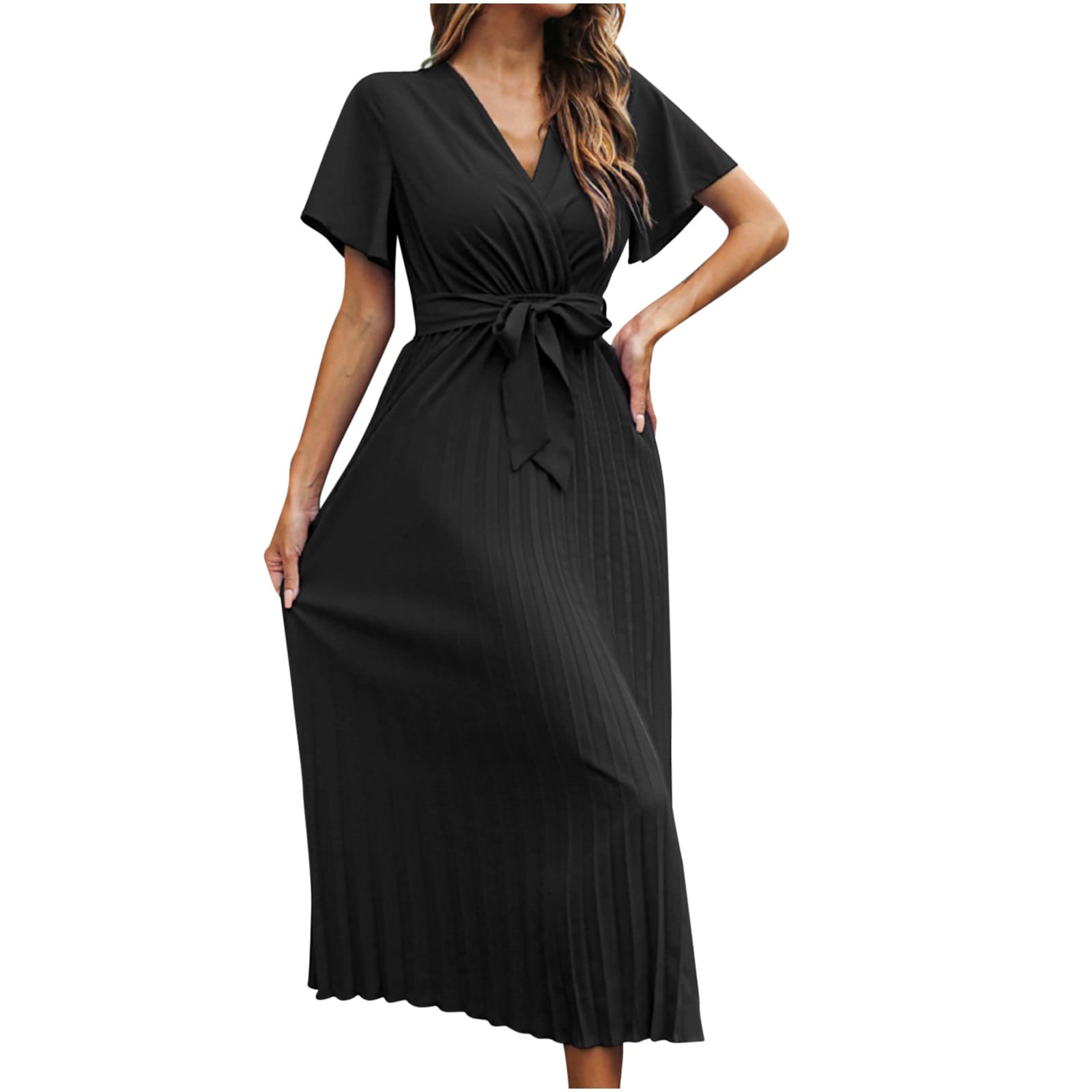 Women's Sexy Summer Sundress 2022 - Casual Short Sleeve Ruffle Bandage Pleated Chiffon Dress with Embroidery | Mermaid Maxi Dress for Evening Party, Beach Vacation & Date Night