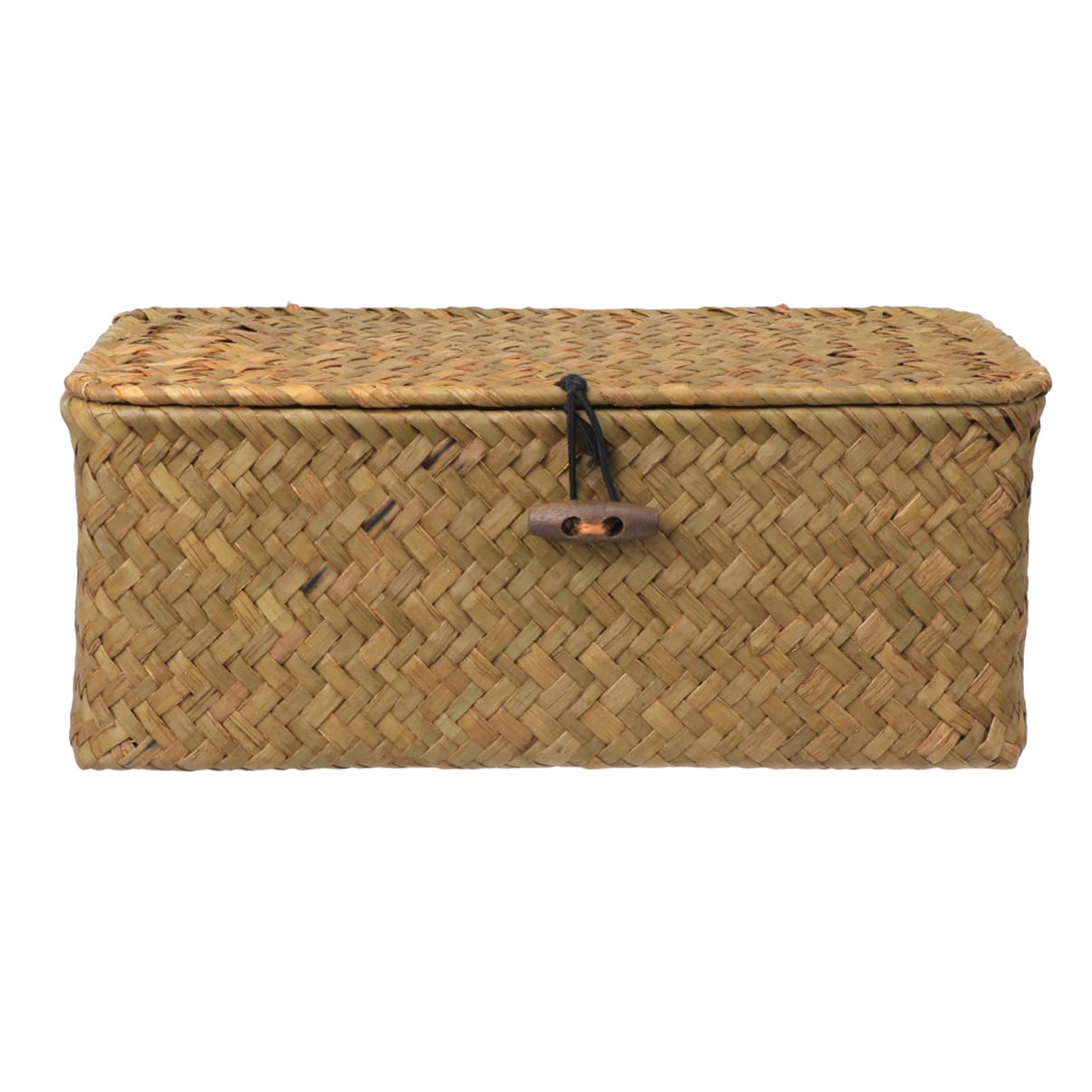 Cabilock Rectangular Straw Baskets with Lid - Woven Storage Drawer Organizer for Desk, Living Room, Bathroom | Perfect for Toys, Makeup, Cosmetics, Perfume, Lotion & Remote Control Storage | Portable Home & Office Organization Solution