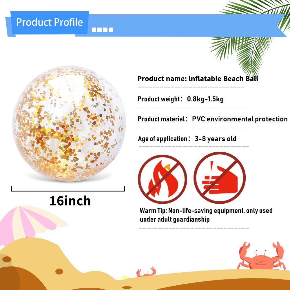 16Inch AMOR PRESENT Glitter Inflatable Beach Ball for Pool, Party Favors, Summer Fun, and Outdoor Water Activities