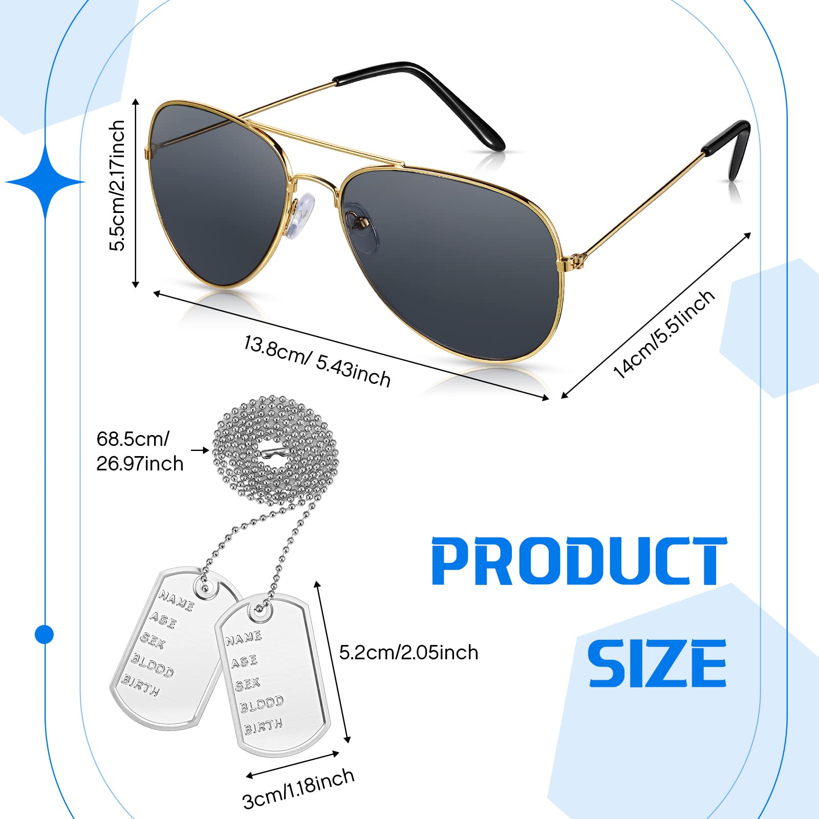 BBTO 2-Piece Military Pilot Costume Set - Silver Metal ID Tag Necklace & Sunglasses for Men & Women - Perfect for Halloween, Cosplay, Airsoft, and Themed Parties