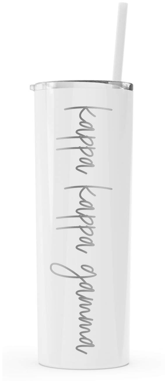 Kappa Kappa Gamma Laser Engraved Skinny Tumbler with Straw - 20oz Insulated Stainless Steel Travel Mug - Perfect for Sorority Sisters, College Students & Greek Life Events (White)
