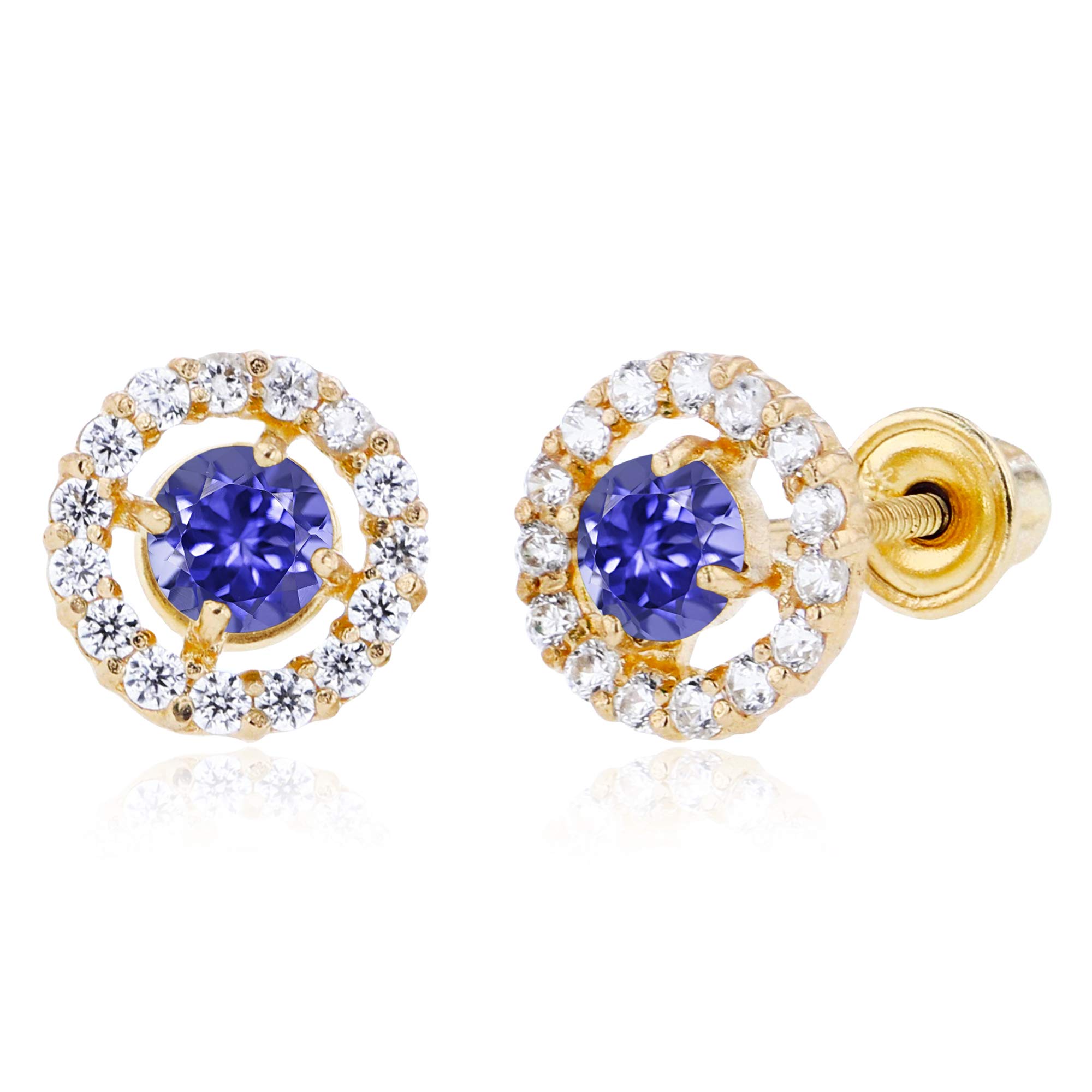 14K Solid Gold 6mm Halo Birthstone Stud Earrings for Women | Round 3mm Natural Birthstone | 1mm White Sapphire Halo Screw Back Earrings | Perfect for Birthdays, Anniversaries & Special Occasions