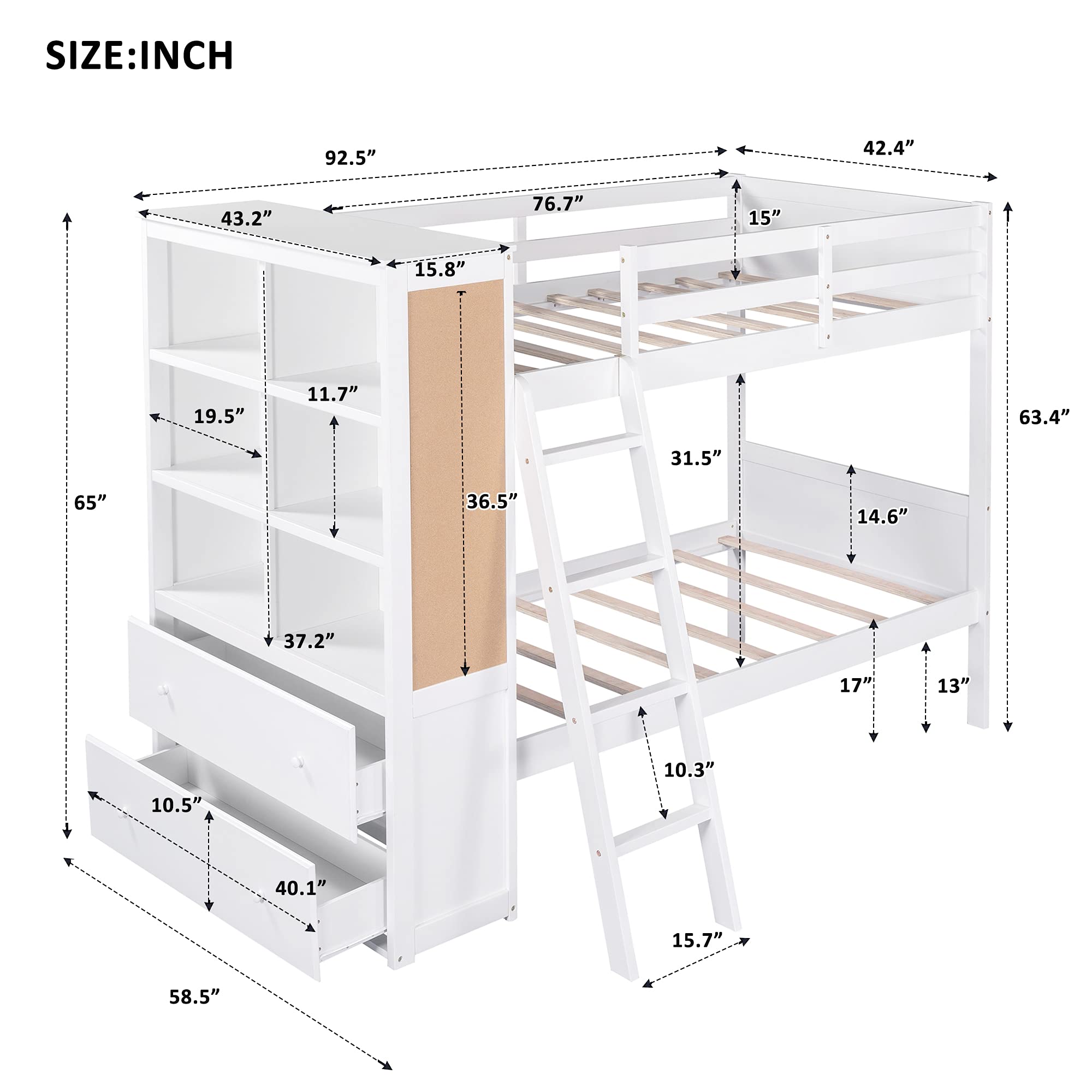 LZ LEISURE ZONE Twin Over Twin Bunk Bed with Bookcase & Storage - Full-Length Guardrails, Ladder, Shelves & Drawers - Space-Saving Kids Bedroom Furniture for Small Rooms & Shared Spaces (White)