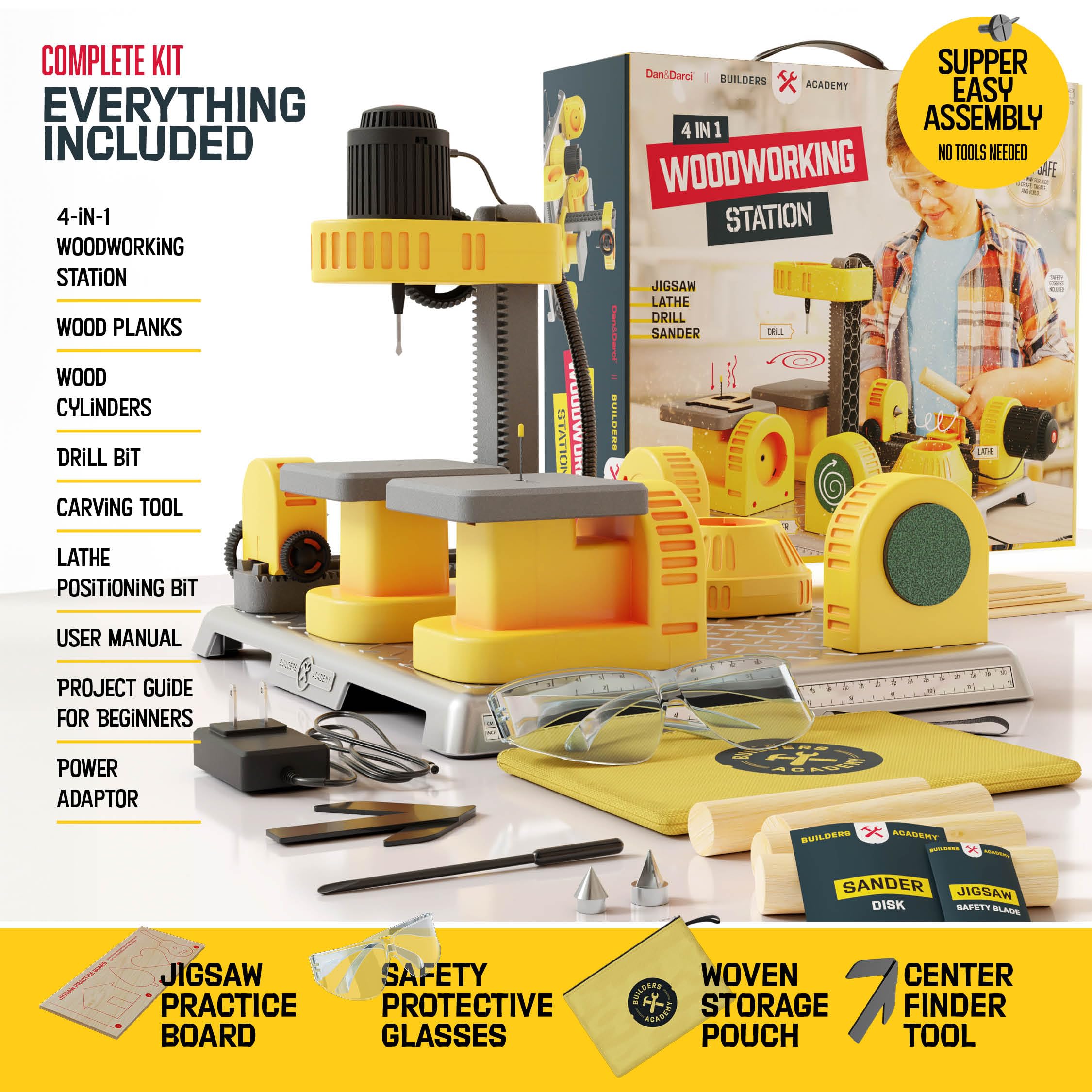 4 in 1 Woodworking Station for Kids - STEM Wood Building Kit with Real Construction Tools - Educational DIY Project Set for Boys & Girls Age 8+ - Perfect Birthday, Easter & Holiday Gift for Young Builders | Great for Home Projects, STEM Learning & Creative Play