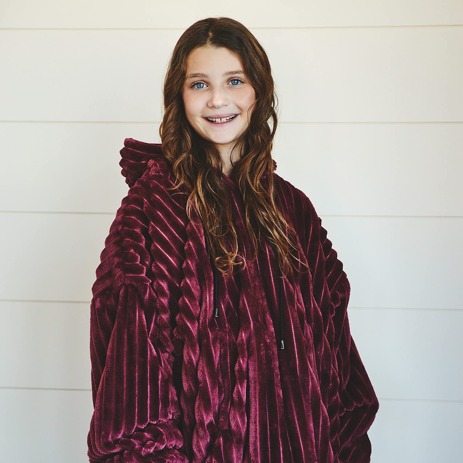 Nestl Kids Wearable Blanket Hoodie - Reversible Plush Microfiber Oversized Hooded Sweatshirt Blanket for Boys & Girls (Burgundy/Rainbow) | Warm Cozy Fleece Lounge Wear for Sleepovers, Movie Nights & Winter Comfort