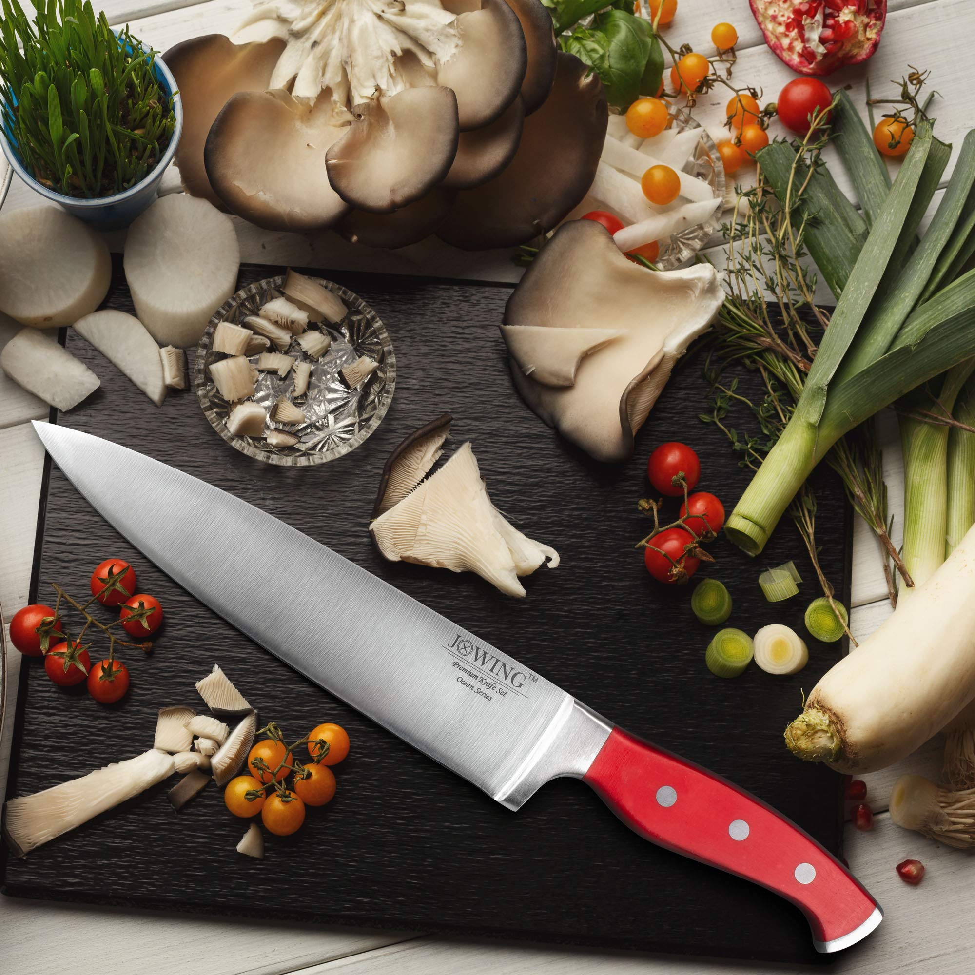 Premium 15-Piece German High Carbon Stainless Steel Kitchen Knife Set - Ocean Series Forged Full Tang Chef Knives with Rubber Wood Block (Red) - Perfect for Professional Chefs & Home Cooking