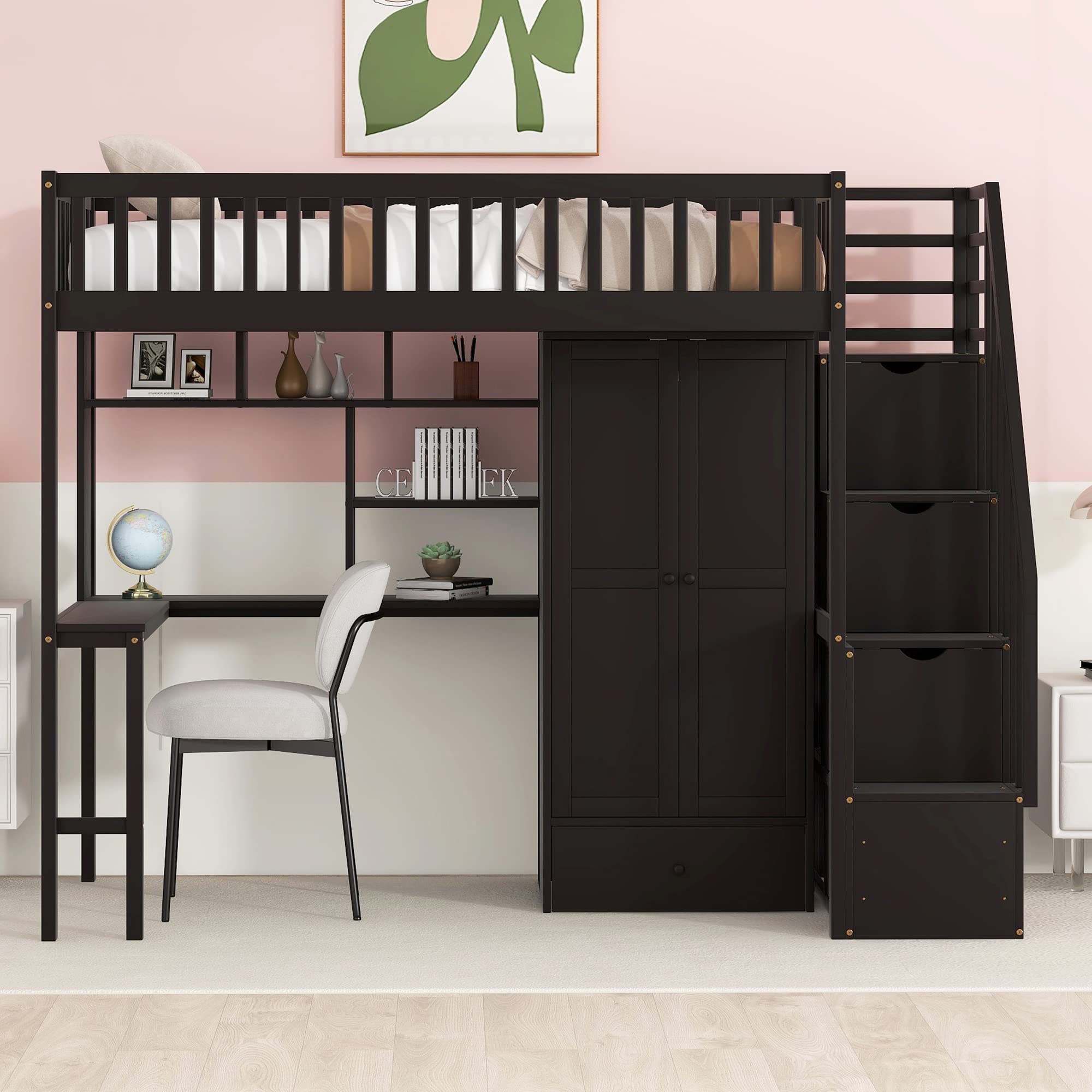 Harper & Bright Designs Twin Size Wood Loft Bed with Desk, Wardrobe, Bookshelf & Drawers - Space-Saving Study & Sleep Solution for Kids & Teens - Espresso Finish