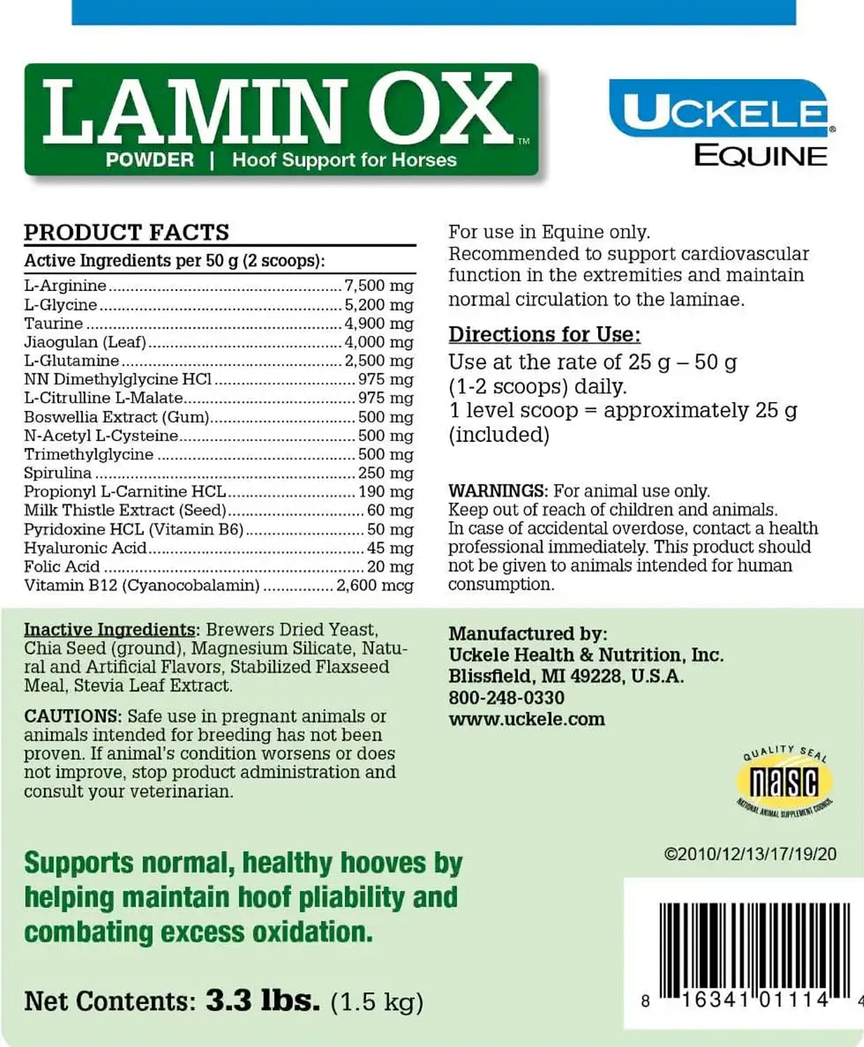 Uckele LaminOX Horse Supplement for Hoof Support | Equine Vitamin & Mineral Supplement | 3.3 lb | Promotes Strong Hooves & Joint Health | Ideal for Performance Horses & Equine Care
