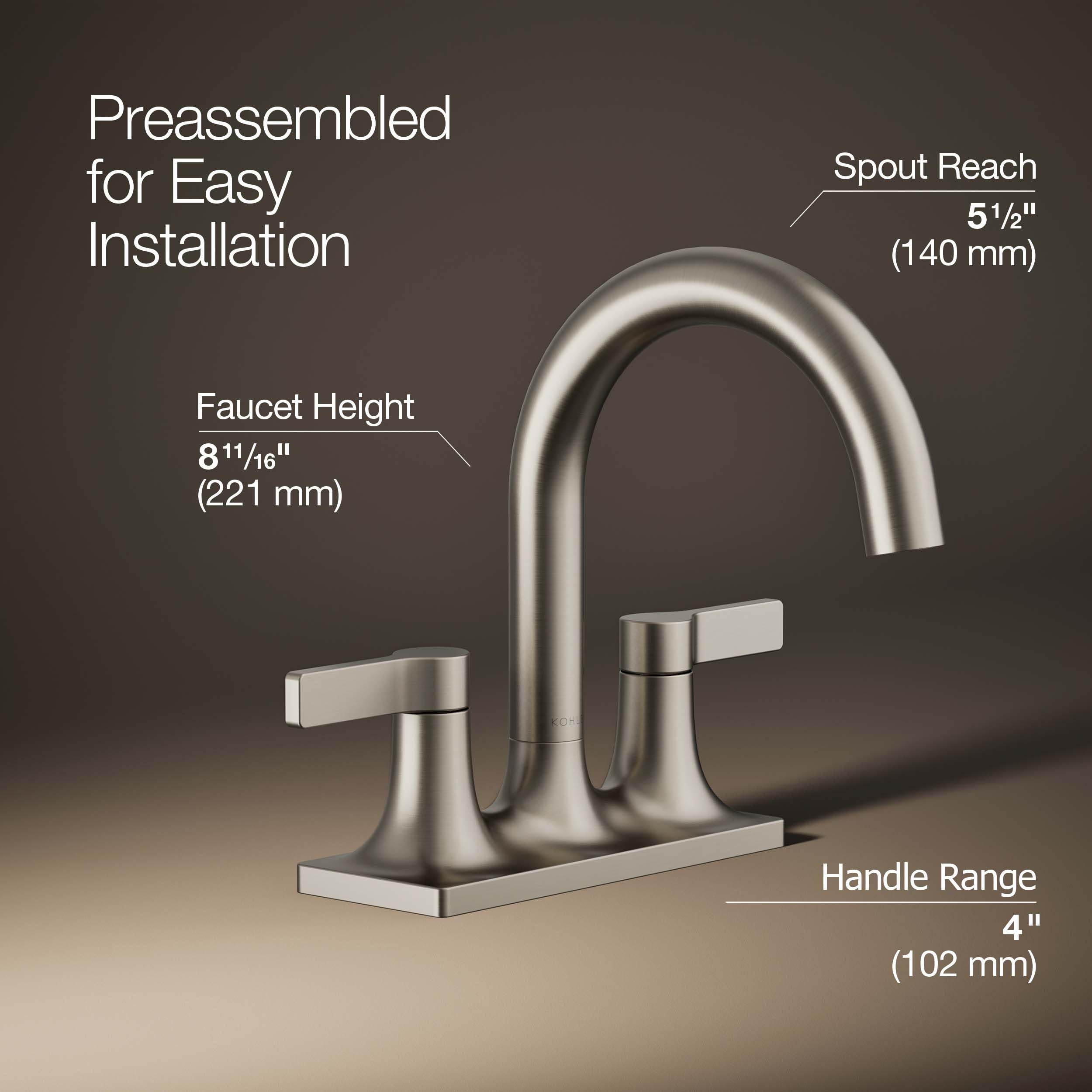 KOHLER 28124-4-BN Venza Centerset Bathroom Sink Faucet, 1.2 GPM Low Flow, Vibrant Brushed Nickel Finish - Perfect for Modern Bathroom Vanities and Powder Rooms