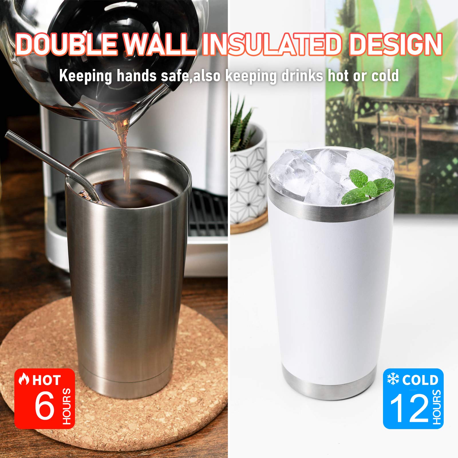 COMOOO 20oz Stainless Steel Insulated Tumbler with Straw - Double Wall Vacuum Travel Coffee Mug for Hot & Cold Drinks - Splash Proof Sliding Lid - 12 Pack (Mix Colors) - Perfect for Office, Gym, Camping & Outdoor Activities