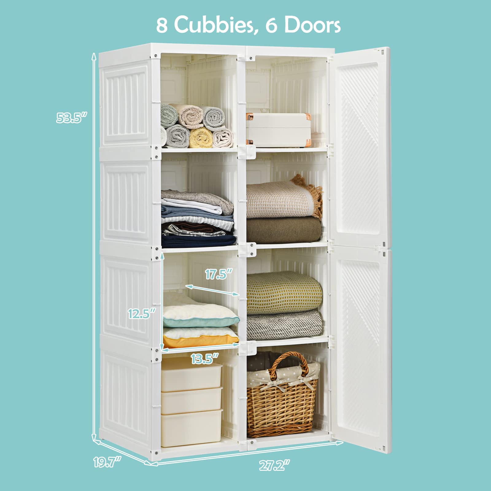 **Tangkula Portable Closet Wardrobe - Foldable Clothes Organizer with 8 Cubbies, Hanging Rods & Magnetic Doors - Easy Assemble Bedroom Storage for Clothes, Shoes & Accessories | Perfect for Small Spaces, Dorm Rooms & Apartments**