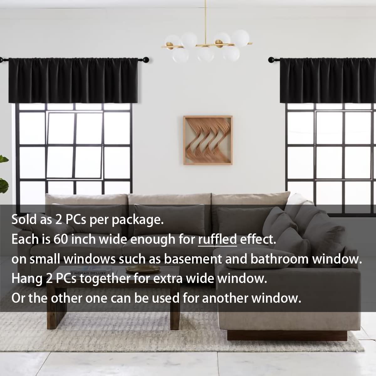 Waterproof Black Curtain Valances for Bathroom & Shower Windows - 60