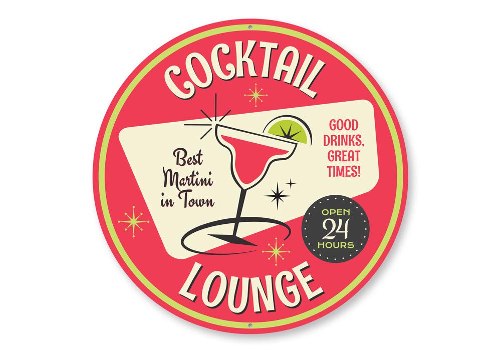24/7 Cocktail Lounge Open Sign - 24 Inch Round Martini Bar Sign for Nightclubs, Pubs & Home Bars | Vintage Style Metal Wall Decor