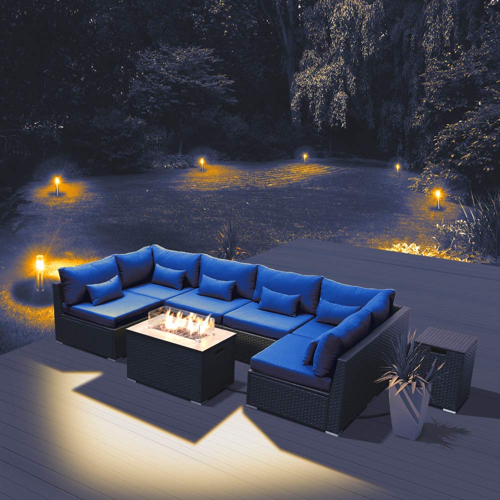 Premium Dineli Outdoor Patio Furniture Set - 7-Piece Sectional Sofa with Rectangular Gas Fire Pit Table, Royal Blue Cushions - Perfect for Backyard, Poolside & Garden Gatherings
