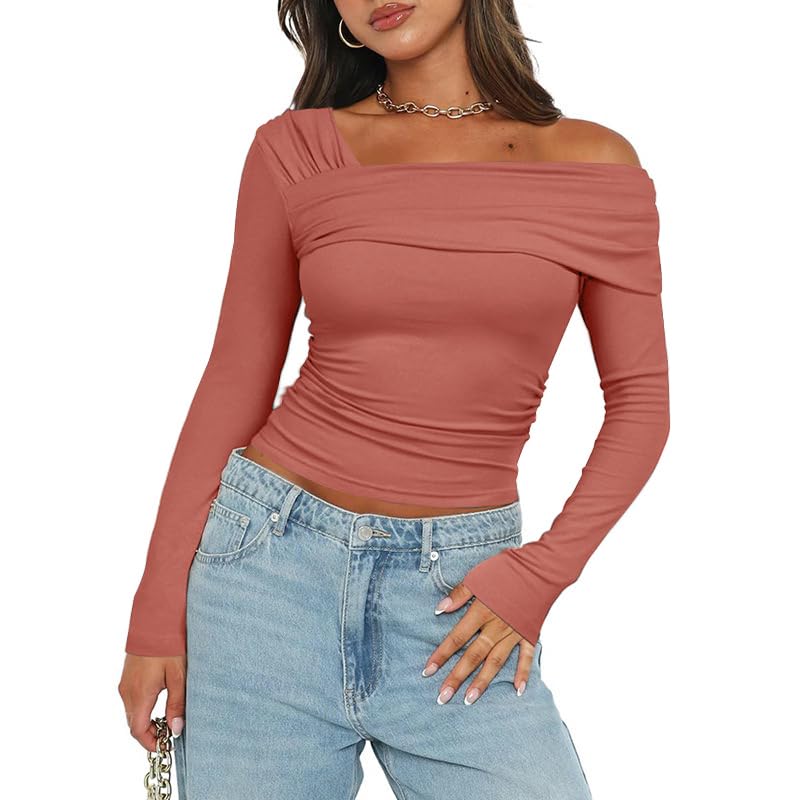 Anienaya Women's Off Shoulder Long Sleeve Crop Top - Ruched Y2K Slim Fit Shirt for Party, Date Night & Casual Outfits