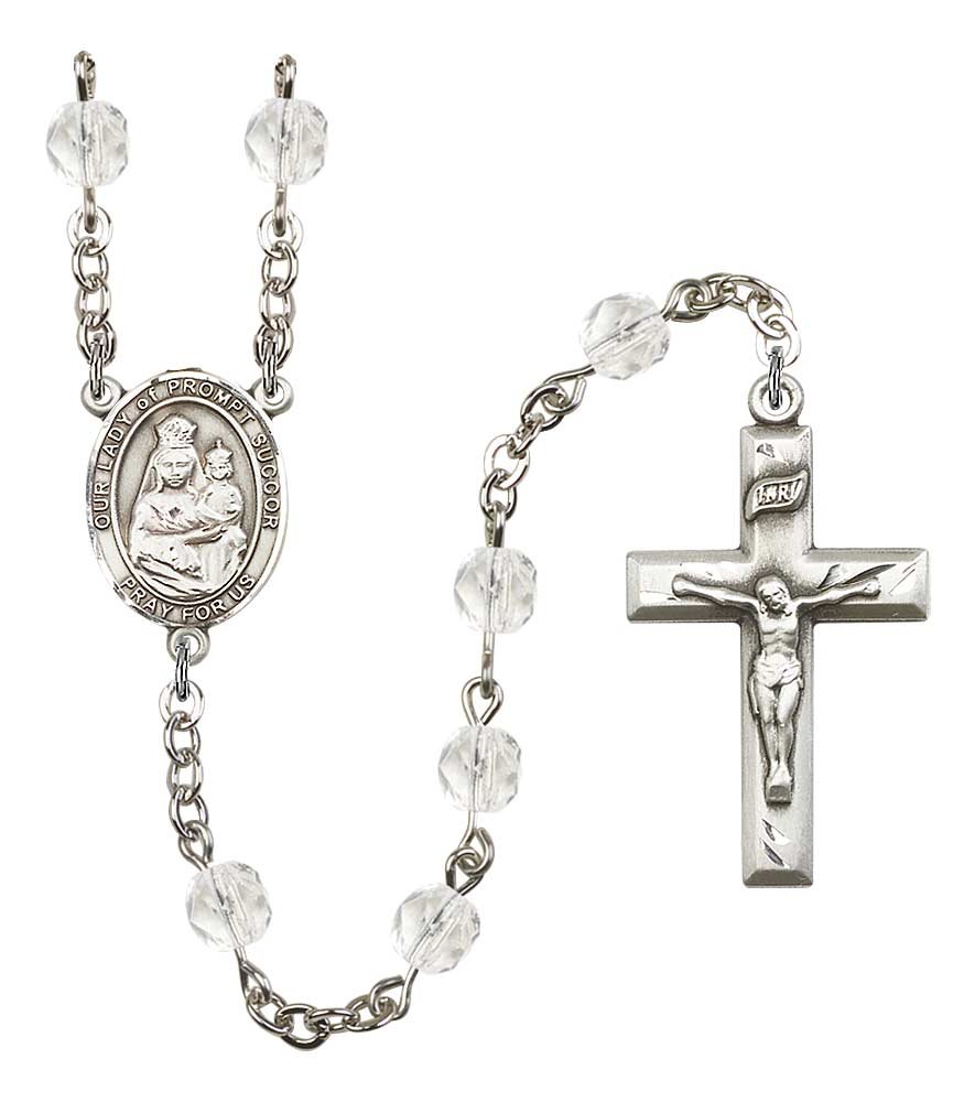 Silver Plate Rosary with 6mm Crystal Fire Polished Beads - 1 3/8 x 3/4 Inch Crucifix - Features Our Lady of Prompt Succor Medal | Perfect for Catholic Prayer, Meditation & Religious Gifts