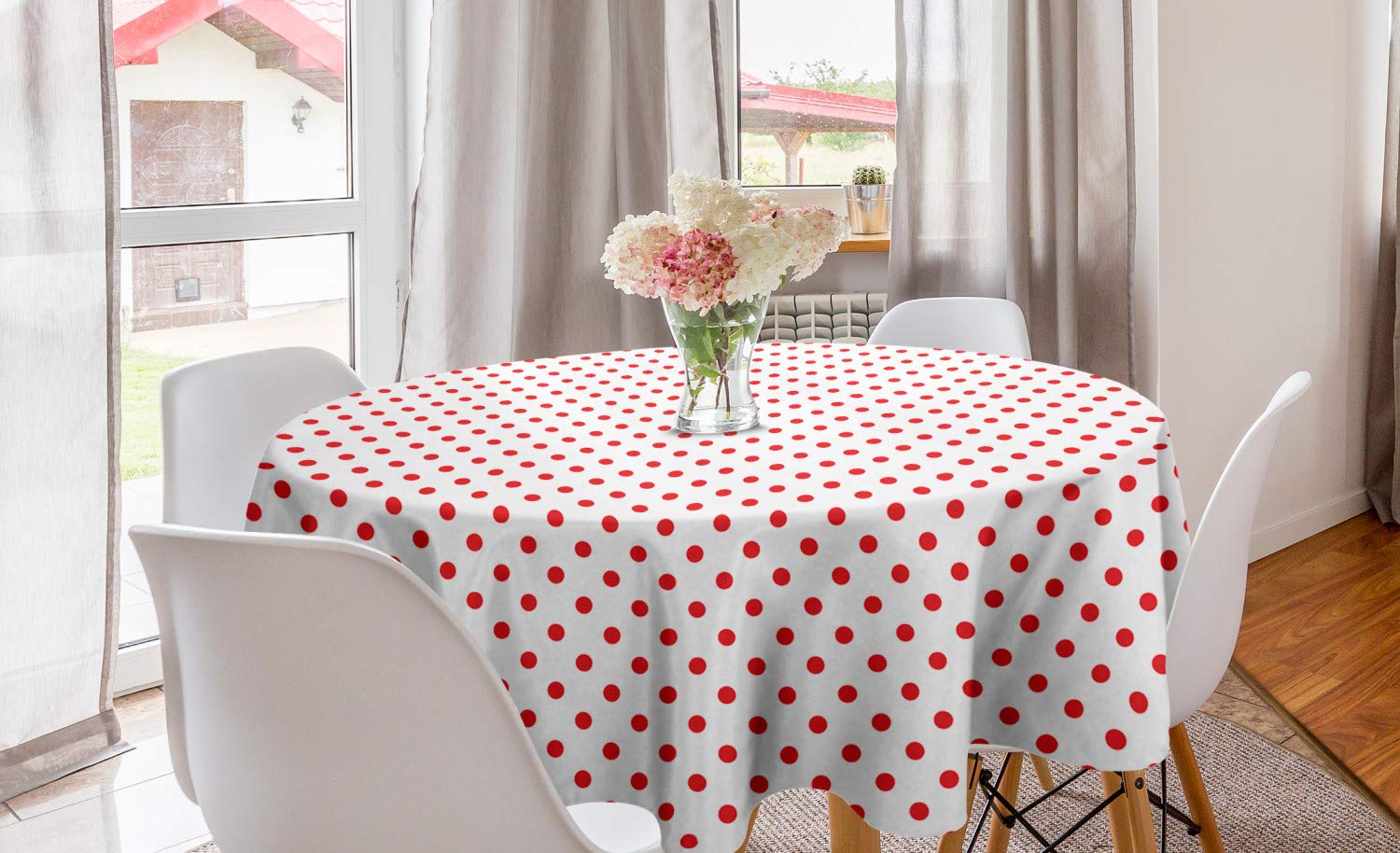 Ambesonne Geometric Round Tablecloth - Classic Country Picnic Theme with Retro Polka Dot Pattern, 60 Inch White & Vermilion Circle Table Cover for Dining Room & Kitchen Decor | Perfect for Outdoor Picnics, Dinner Parties & Holiday Gatherings