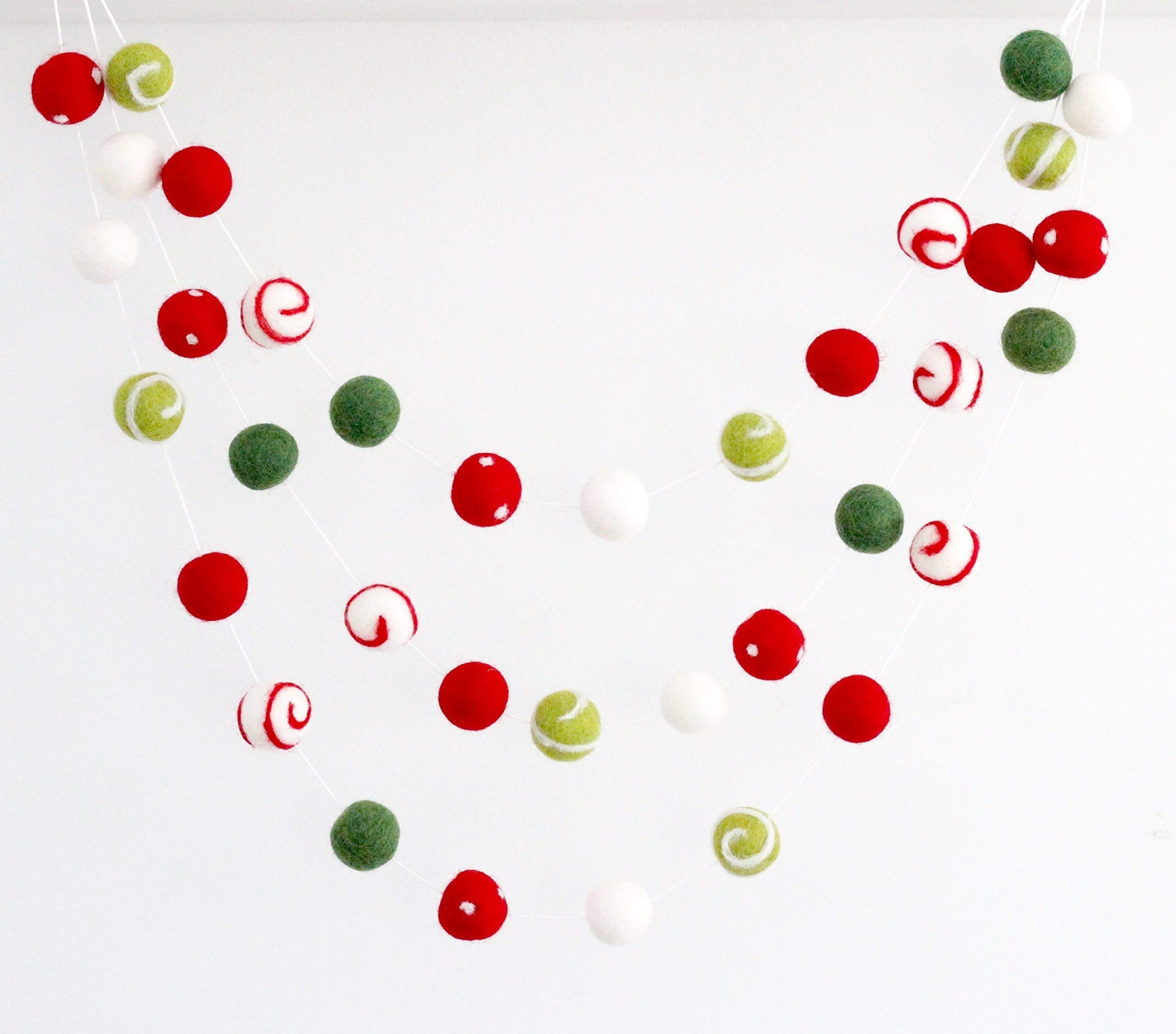 Christmas Felt Ball Garland - 9ft Holiday Decoration with Red, Green & White Swirl Dots - 2.5cm Wool Felt Balls for Tree, Mantel & Party Decor | Sheep Farm Felt
