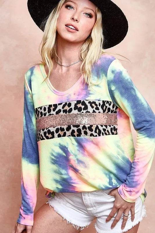 BiBi Tie Dye Deep U Neck Top with Leopard Print & Sequins - Trendy Women's Fashion Top for Parties, Night Out & Festival Wear