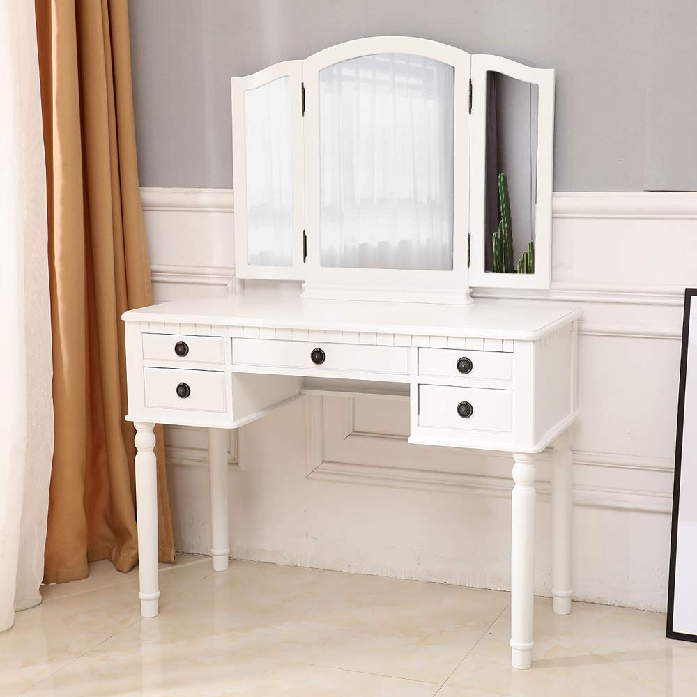 White Vanity Set with Stool - 5-Drawer Dressing Table & Tri-Folding Mirror Makeup Desk for Bedroom, Cushioned Stool Included (Adult Size) | Perfect for Cosmetics Organization, Beauty Routine & Home Decor