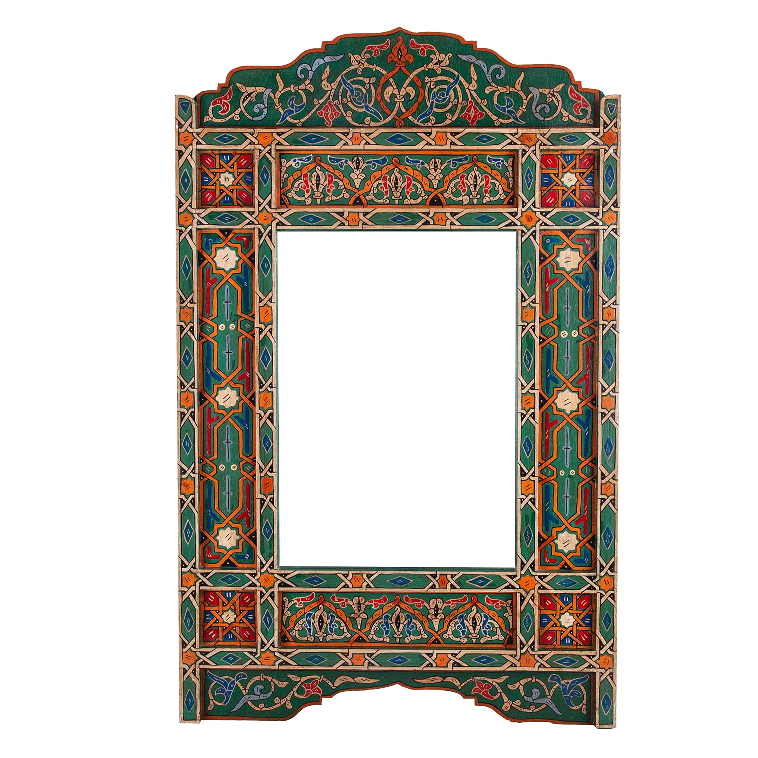 Handcrafted Moroccan Mirror Frame - Farmhouse Arch Mirror with Large Wooden Design for Rustic Bathroom Decor | Red Brick & Blue Rectangular Hanging Wall Mirror for Living Room, Bedroom, or Entryway