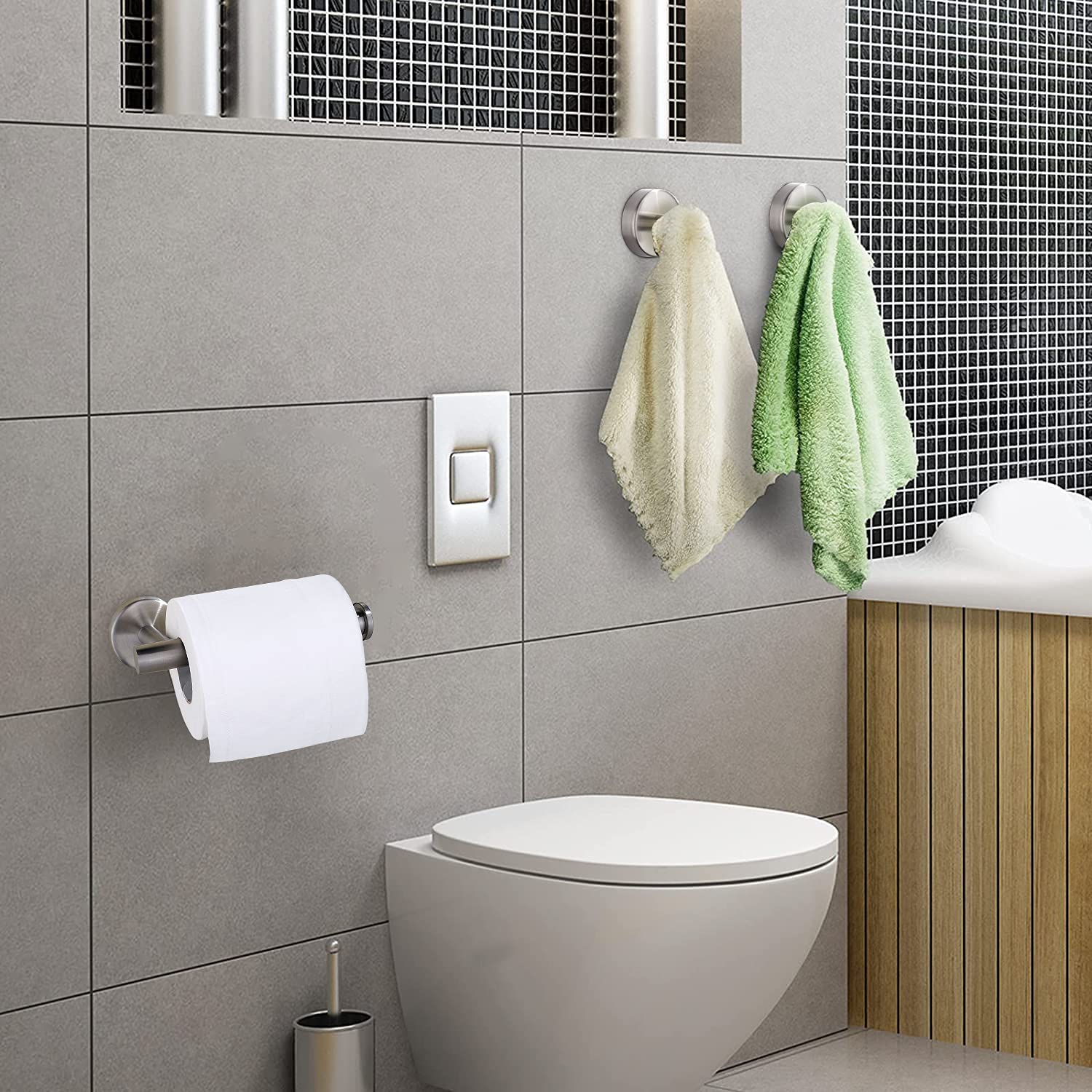 Premium 3-Piece SUS 304 Stainless Steel Bathroom Accessories Set - Wall Mounted Toilet Paper Holder & 2 Robe Hooks - Modern Bathroom Hardware for Home & Hotel Use