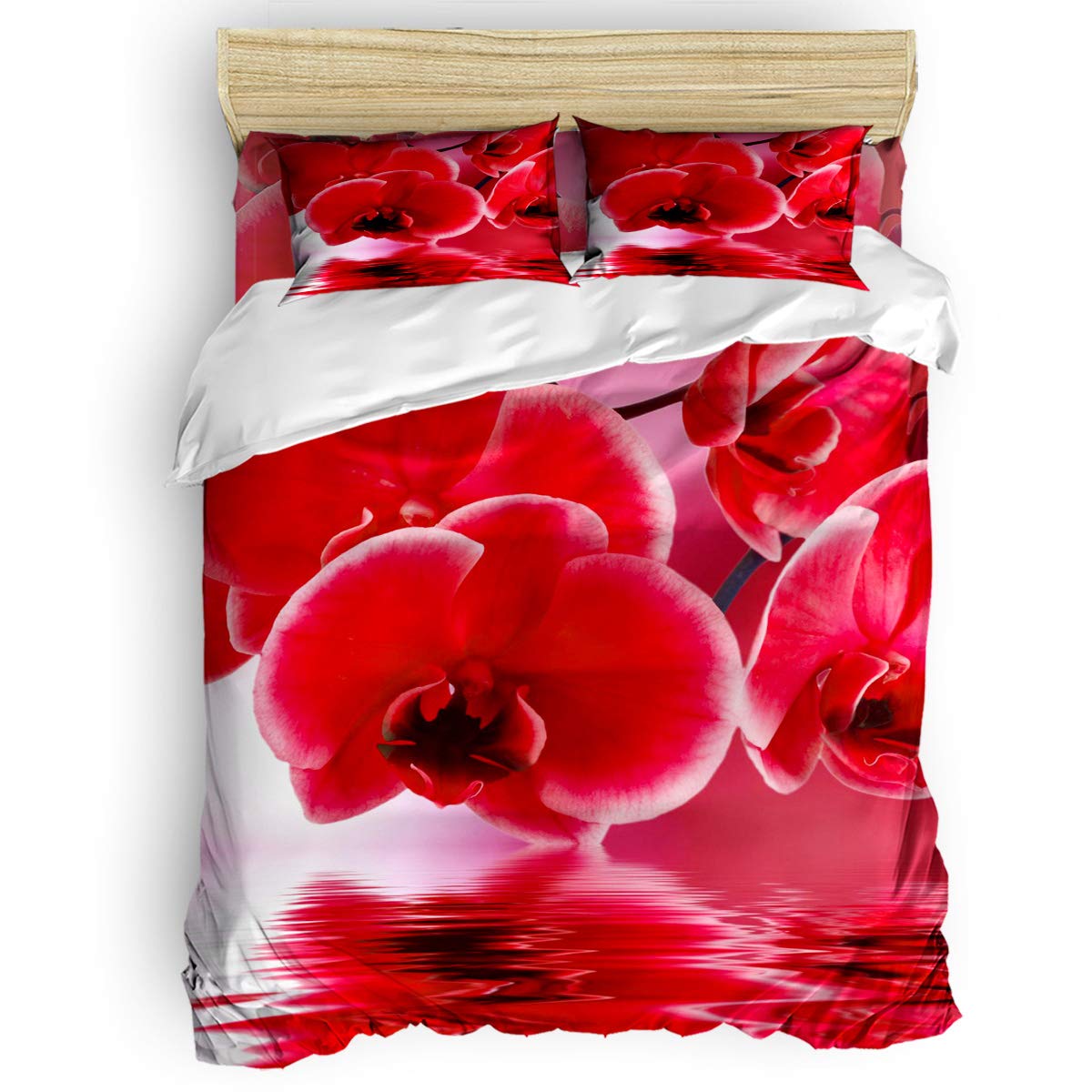 Danhongi Full Duvet Cover Set 4 Pieces - Red Phalaenopsis Floral Bedding Set for Women & Men, Includes 1 Duvet Cover, 1 Flat Sheet & 2 Pillowcases - Soft Luxury Bed Sheets for Master Bedroom, Guest Room & Dorm