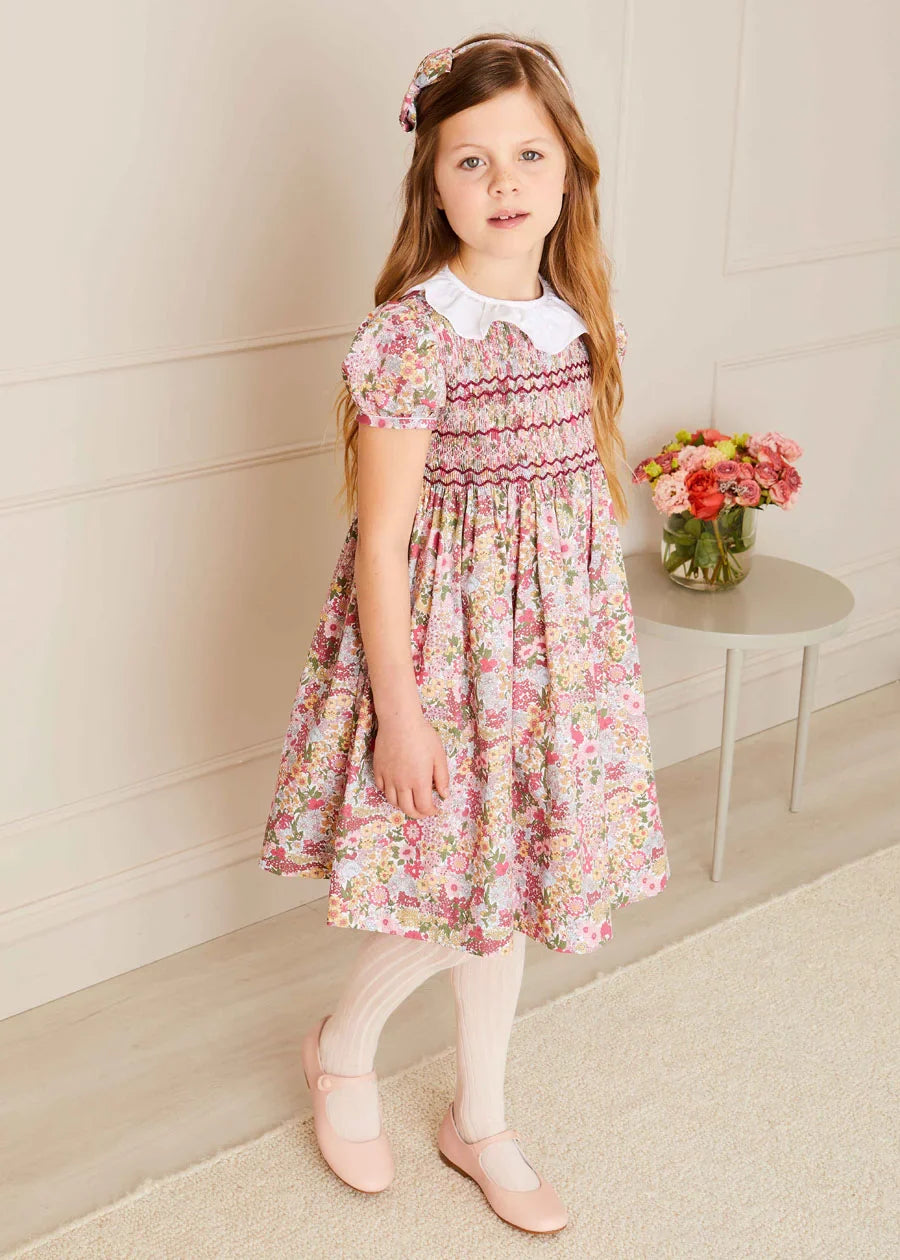 Floral Hand Smocked Dress for Girls - Elegant Florence Style Summer Party & Special Occasion Outfit