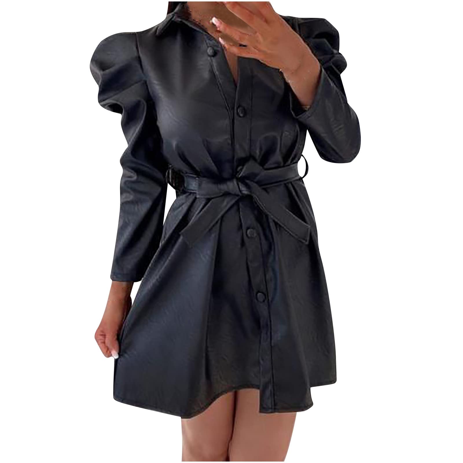 Sexy Women's Mini Shirt Dress with Lapel & Belt - Long Sleeve Down Blouse for Party, Date Night & Office Wear | Elegant Short Dress for Women