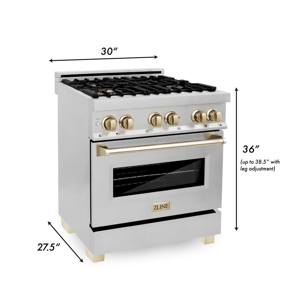 ZLINE Autograph Edition 30-inch Stainless Steel Kitchen Package - Dual Fuel Range, Range Hood, Dishwasher & Refrigerator with External Water Dispenser & Polished Gold Accents (4AKPR RARHDWM30 G) | Premium Kitchen Appliances for Modern Homes & Gourmet Cooking
