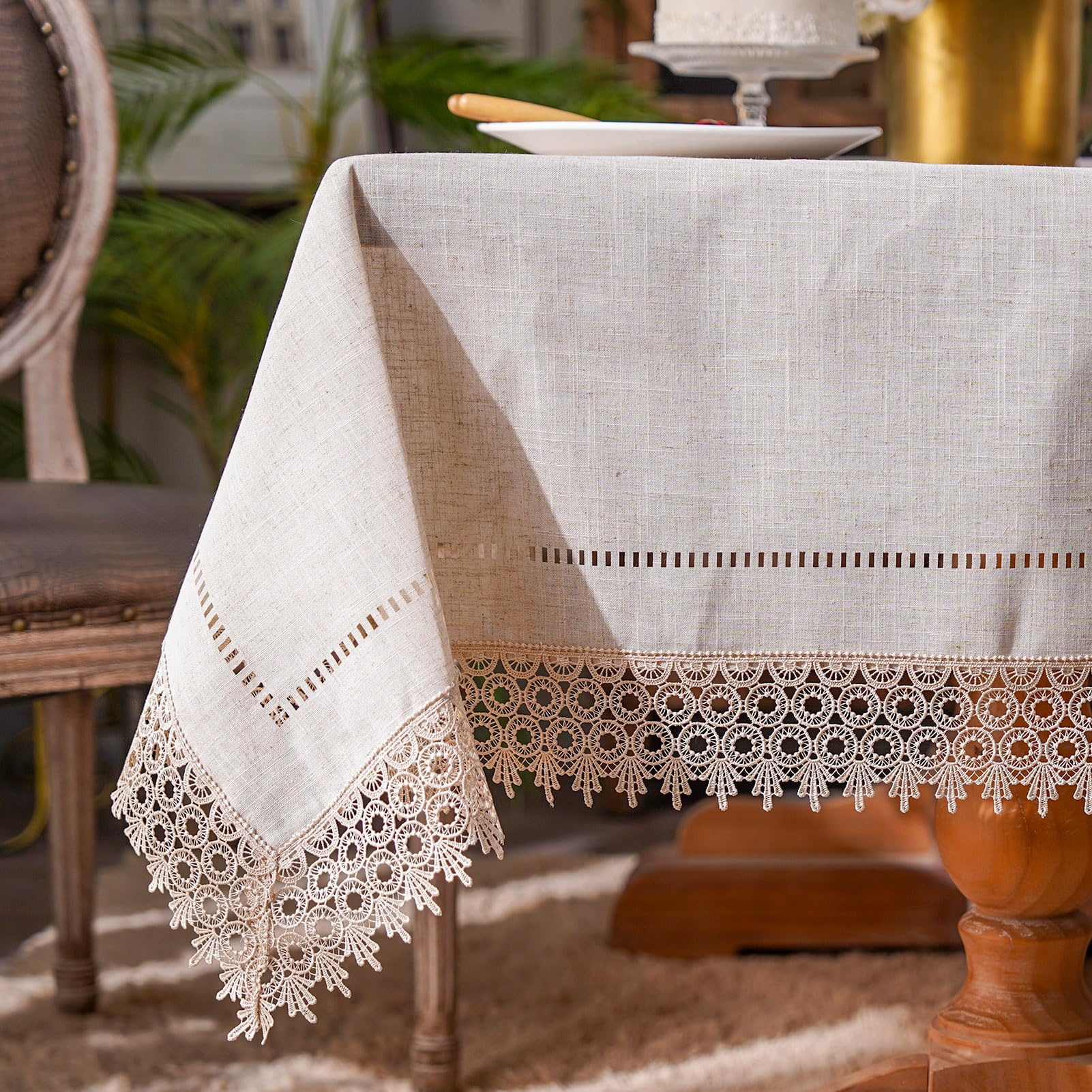 ARTABEL Vintage Lace Laser Cut Tablecloth - Elegant Shabby Chic Design for Holiday, Wedding & Dinner Parties - Stone Color, 52 x 70 Inch - Perfect for Long Tables, Buffets & Special Occasions