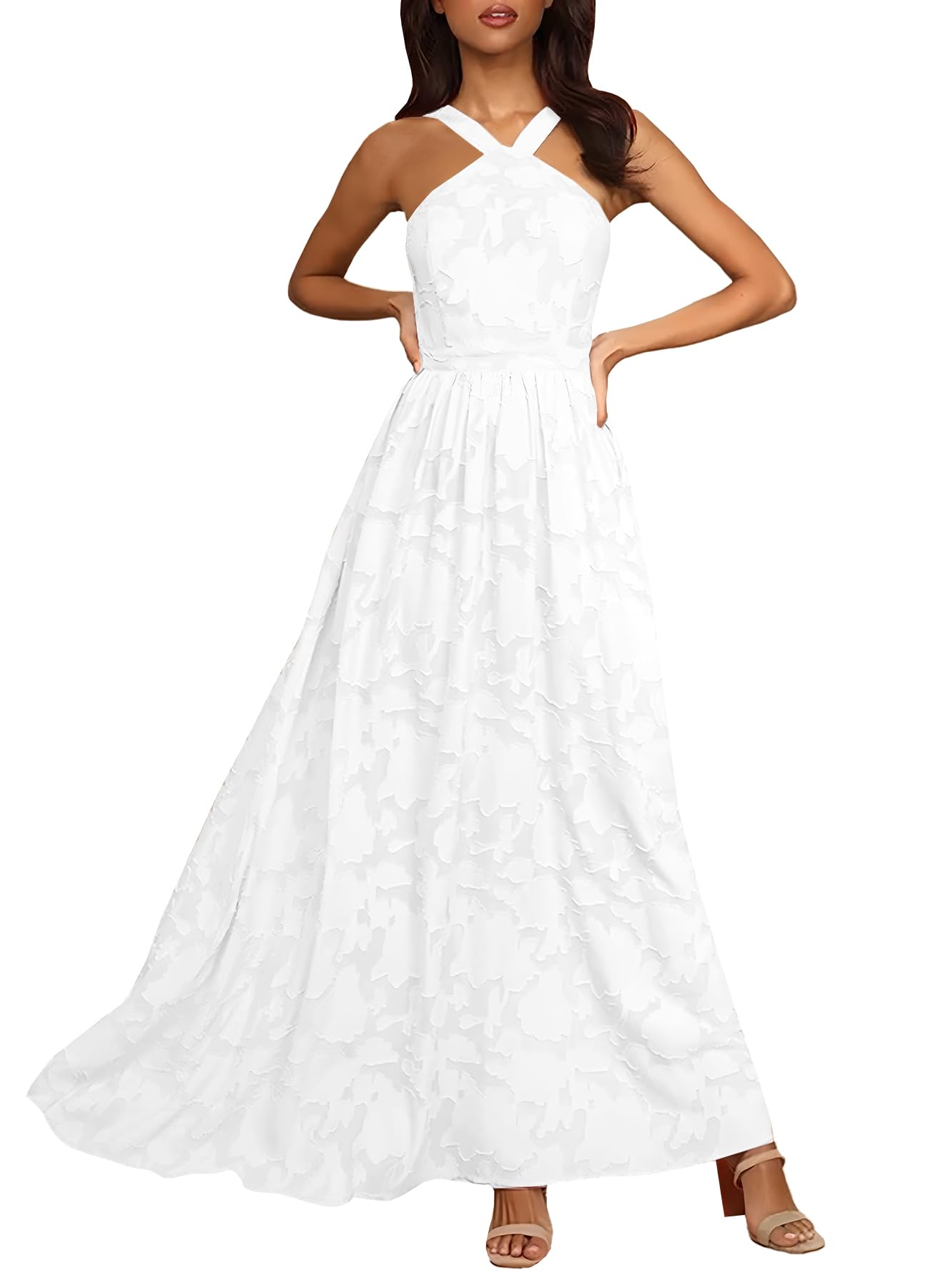 MITILLY Women's Boho Floral Maxi Dress - 2025 Summer Halter Neck Sleeveless Smocked Backless A-Line Flowy Dress with Pockets | Beach Wedding, Vacation, Party Outfit