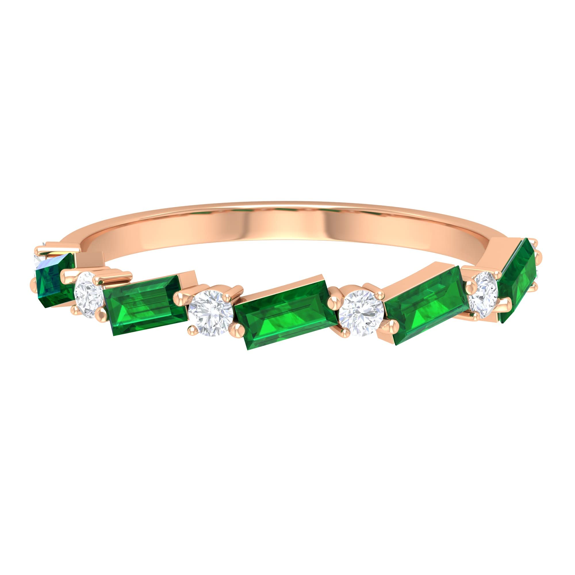 Rosec Jewels 3/4 CT Baguette Cut Emerald & Diamond Half Eternity Ring in 14K Solid Gold - Elegant Green Gemstone Wedding Band for Women, Perfect for Engagement, Anniversary & Special Occasions