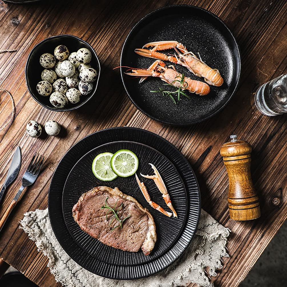 OSALADI 8-Inch Black Ceramic Dessert Tray - Japanese Style Pasta Plate, Steak Plate & Appetizer Dish for Home, Kitchen & Restaurants | Perfect for Serving Sushi, Appetizers, Sauces & Seasonings