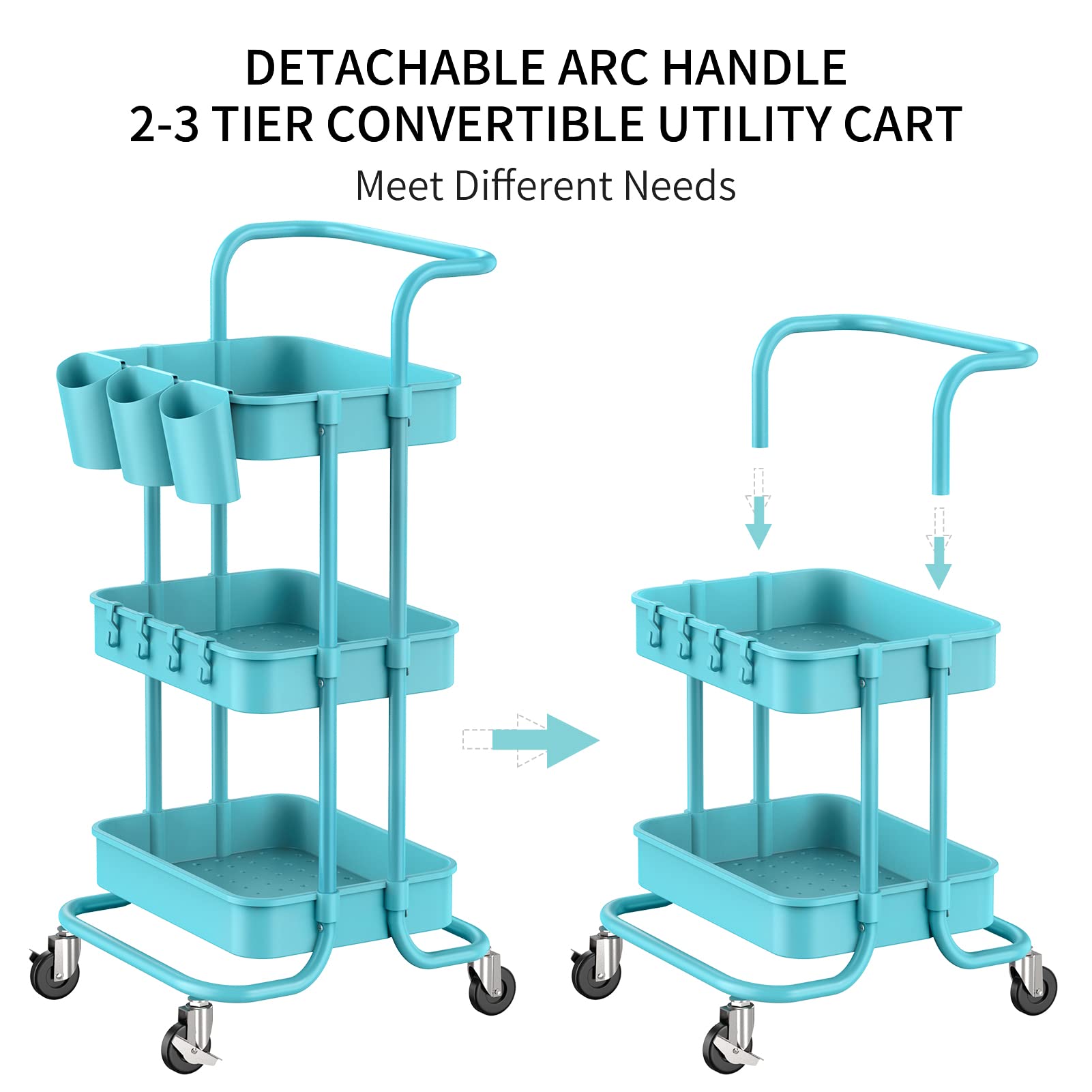 ALVOROG 3-Tier Rolling Utility Cart with Wheels - Multifunctional Mobile Storage Organizer with Hanging Cups for Kitchen, Office, Coffee Bar, Salon & Dorm Room - Blue Service Cart for Easy Organization & Transport