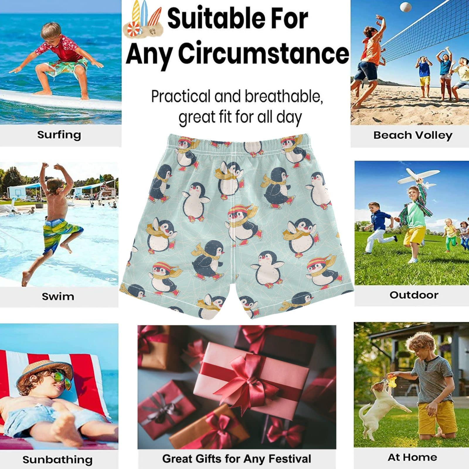 Visesunny Cute Penguin Boys Swim Trunks - Quick Dry Kids Board Shorts for Toddlers & Boys - Funny Bathing Suits for Beach, Pool & Summer Water Play
