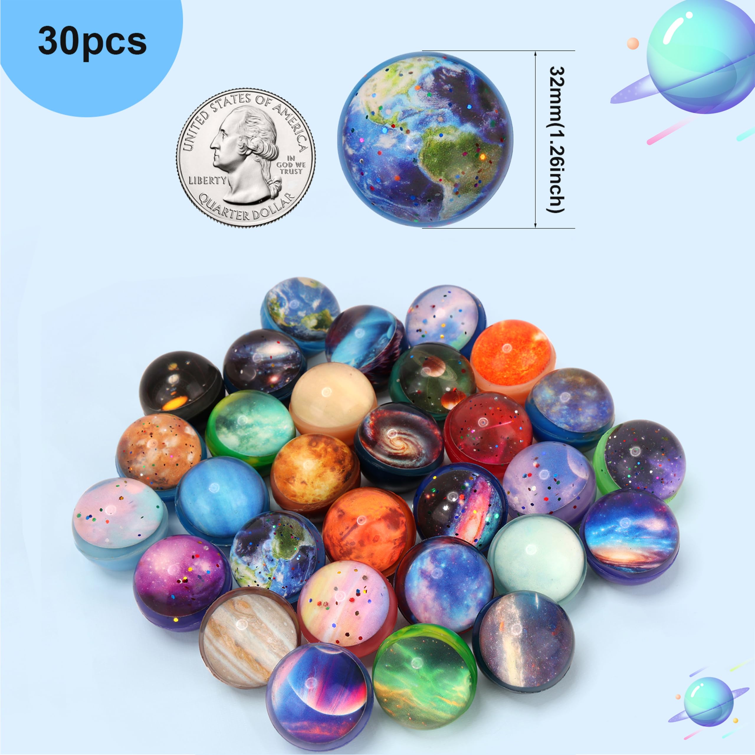30PCS Galaxy Bouncy Balls Bulk - 32mm Space Themed Rubber Balls for Kids Party Favors, Birthday Goodie Bags, Christmas Stocking Stuffers & Classroom Rewards - Fun Space Toys for Boys & Girls (30 Styles)