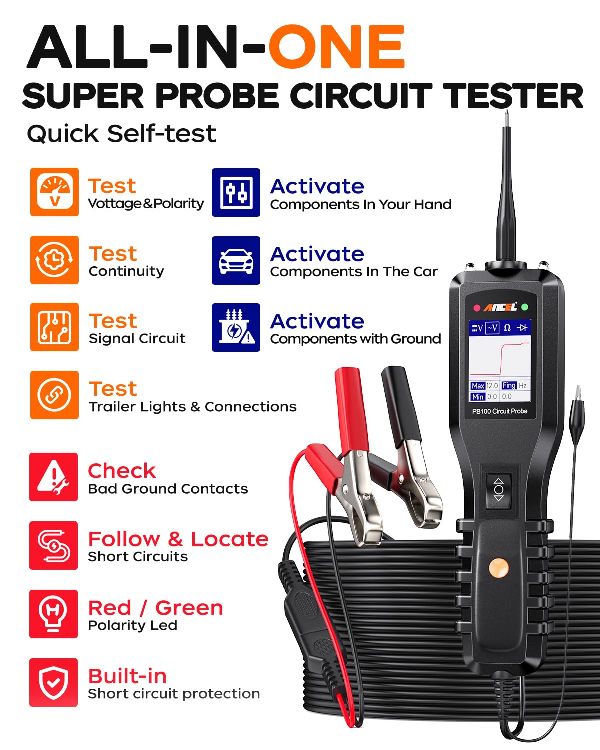 ANCEL BA301 6V 12V Car Battery Tester with PB100 Automotive Circuit Probe - 12-24V Short/Open Finder, AC/DC Diode Relay Tester, Digital Multimeter for Continuity Test - Perfect for Auto Repair, DIY Mechanics & Electrical Diagnostics