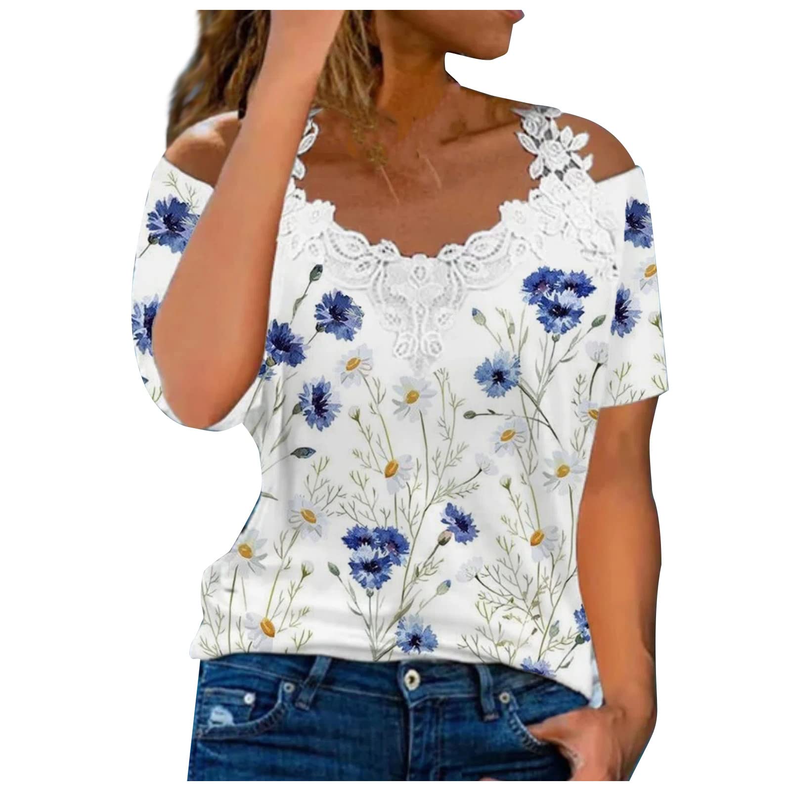 Women's Slim Off Shoulder V-Neck Lace Straps Casual Blouse - Short Sleeve Loose Tops for Summer, Beach, and Everyday Wear