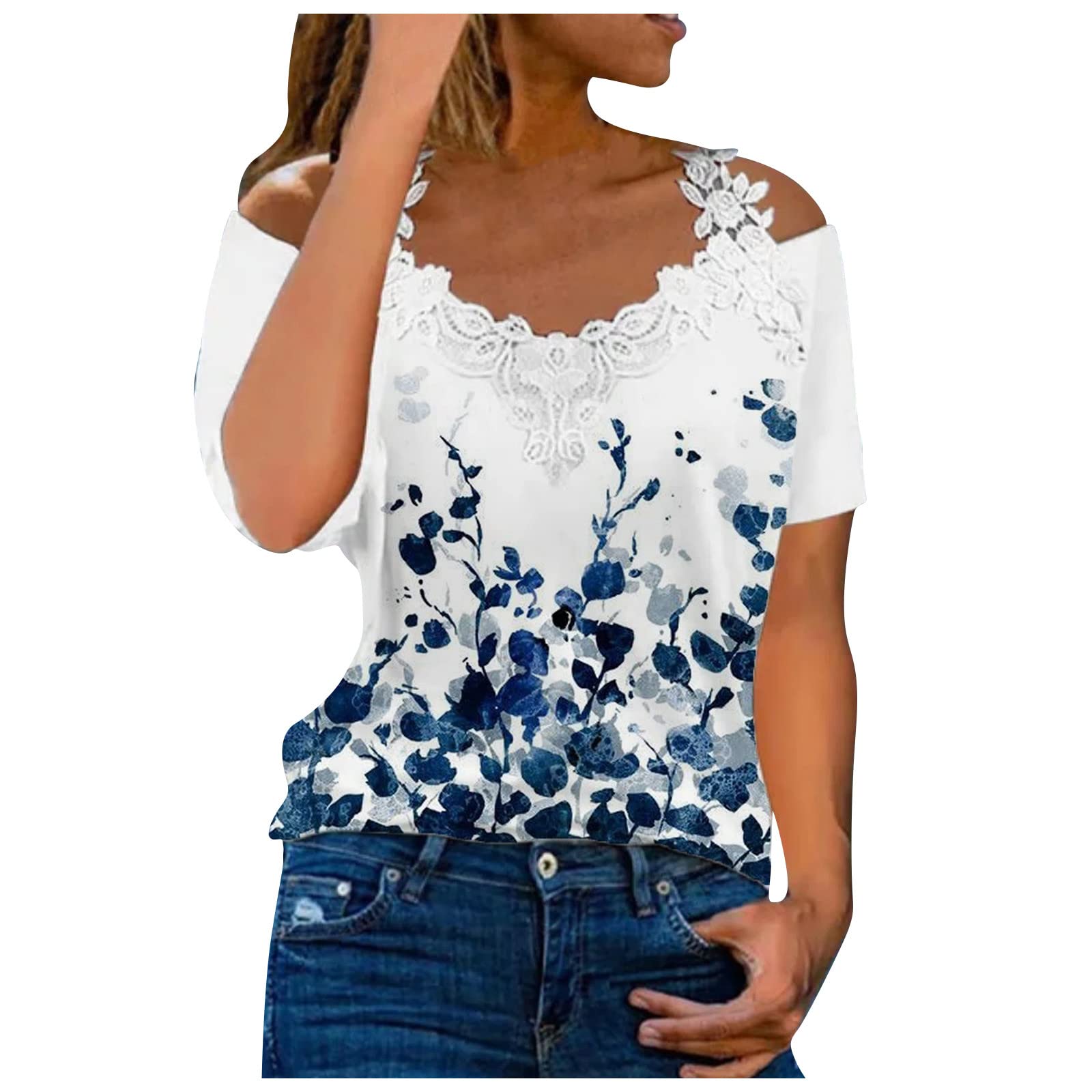 Women's Loose Lace Strap V-Neck Off Shoulder Casual T-Shirt - Short Sleeve Blouse for Summer Outfits, Date Nights & Beach Wear