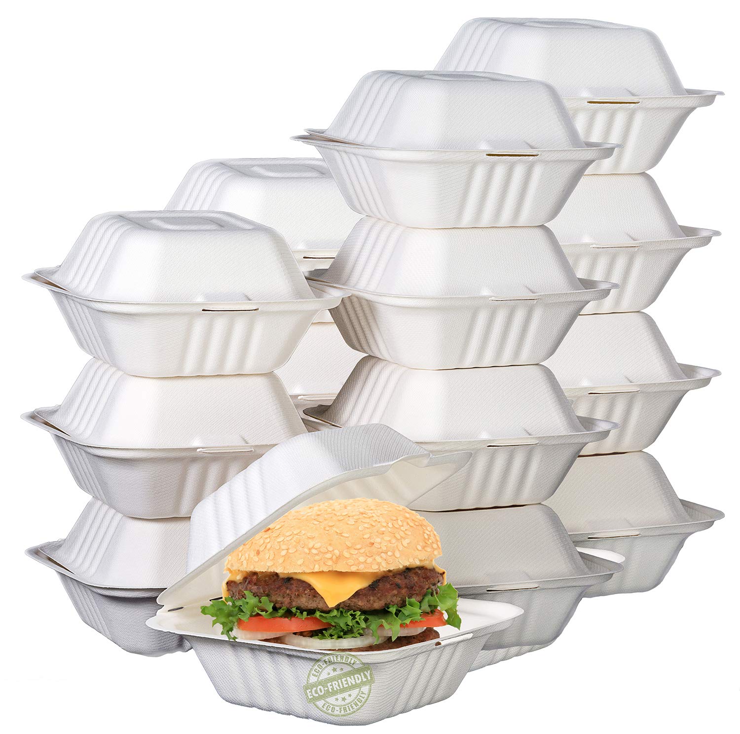 Eco-Friendly 6-inch 500-Count Compostable Clamshell Food Containers - Natural Bagasse (Sugarcane Fiber) Biodegradable Take-Out Boxes with Hinged Lid, Microwave Safe & Gluten-Free | Perfect for Restaurants, Catering, Meal Prep & Sustainable Food Packaging