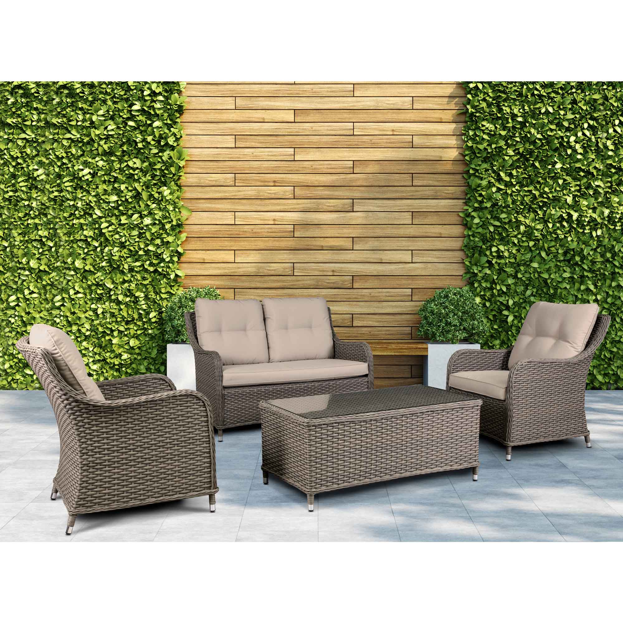 Chester 4-Piece Outdoor Rattan Patio Furniture Set with Double Seater Sofa, Coffee Table & 2 Chairs - Weather-Resistant Brown Wicker Lounge Set for Garden, Poolside & Backyard Relaxation (Model DG87)