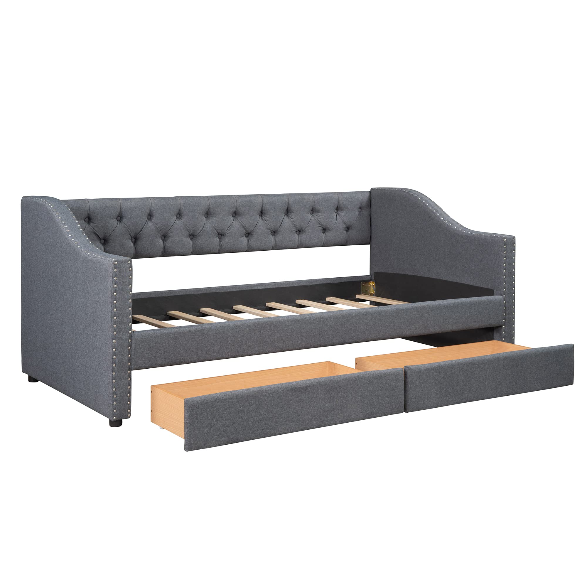 Gray Velvet Upholstered Daybed with 2 Drawers - Twin Size Sofa Bed with Wooden Slat Support for Living Room & Bedroom - Perfect for Guest Sleeping, Lounge Relaxation & Small Space Solutions