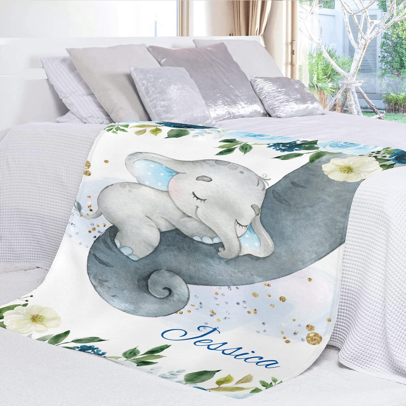 Personalized Baby Blanket with Blue Floral Elephant Design - Custom Name Soft Fleece Swaddling Blanket 30