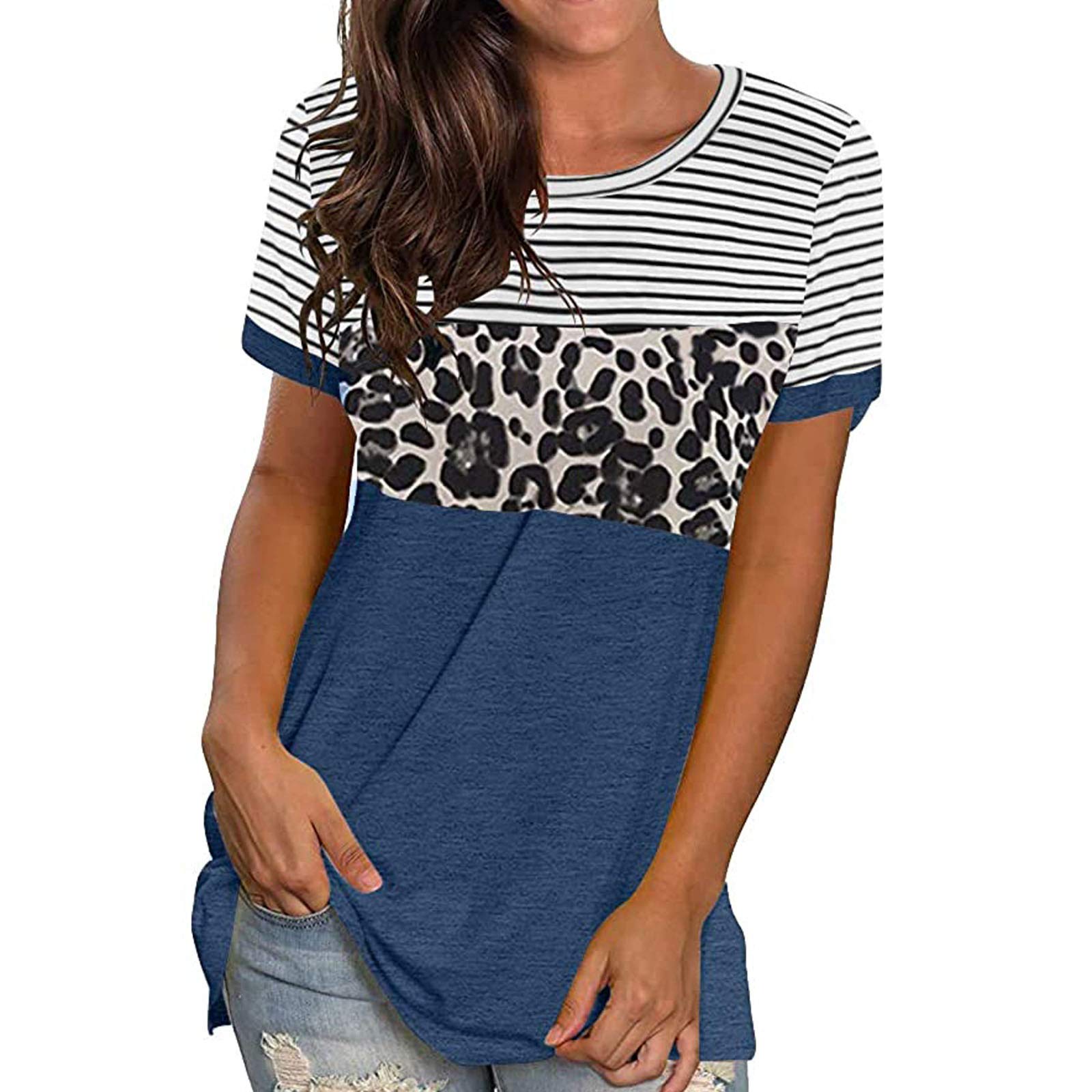 Women's Short Sleeve Leopard Print Color Block T-Shirt - Casual Crew Neck Striped Tunic Top for Summer Outfits, Streetwear & Everyday Wear