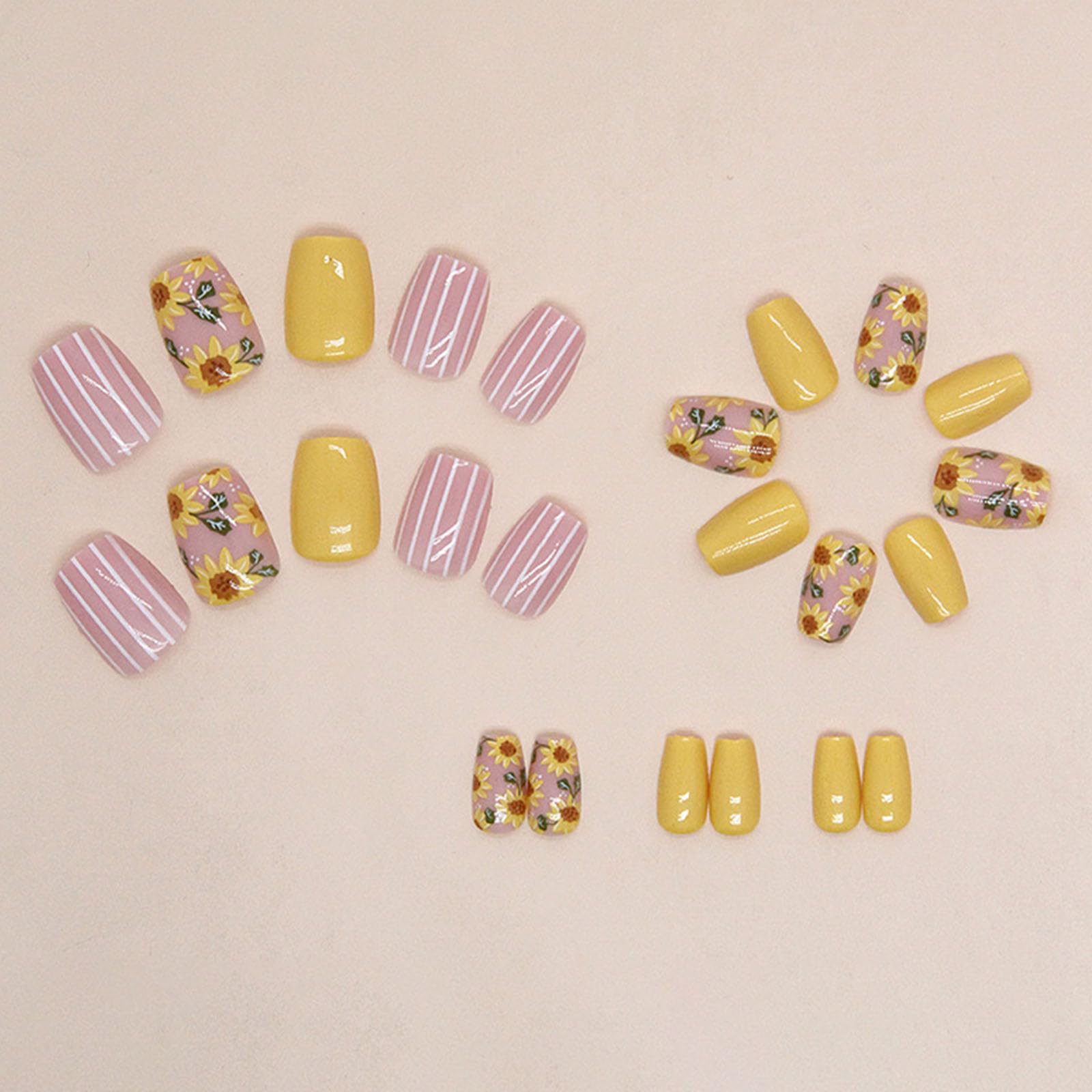 24 Pcs Extra Short Press-on Nails - Coffin Shape Glossy Glue-on False Nails with Sunflower Designs - Yellow Full Cover Artificial Nails for Women, Easy to Apply, Perfect for Daily Wear, Parties & Special Occasions